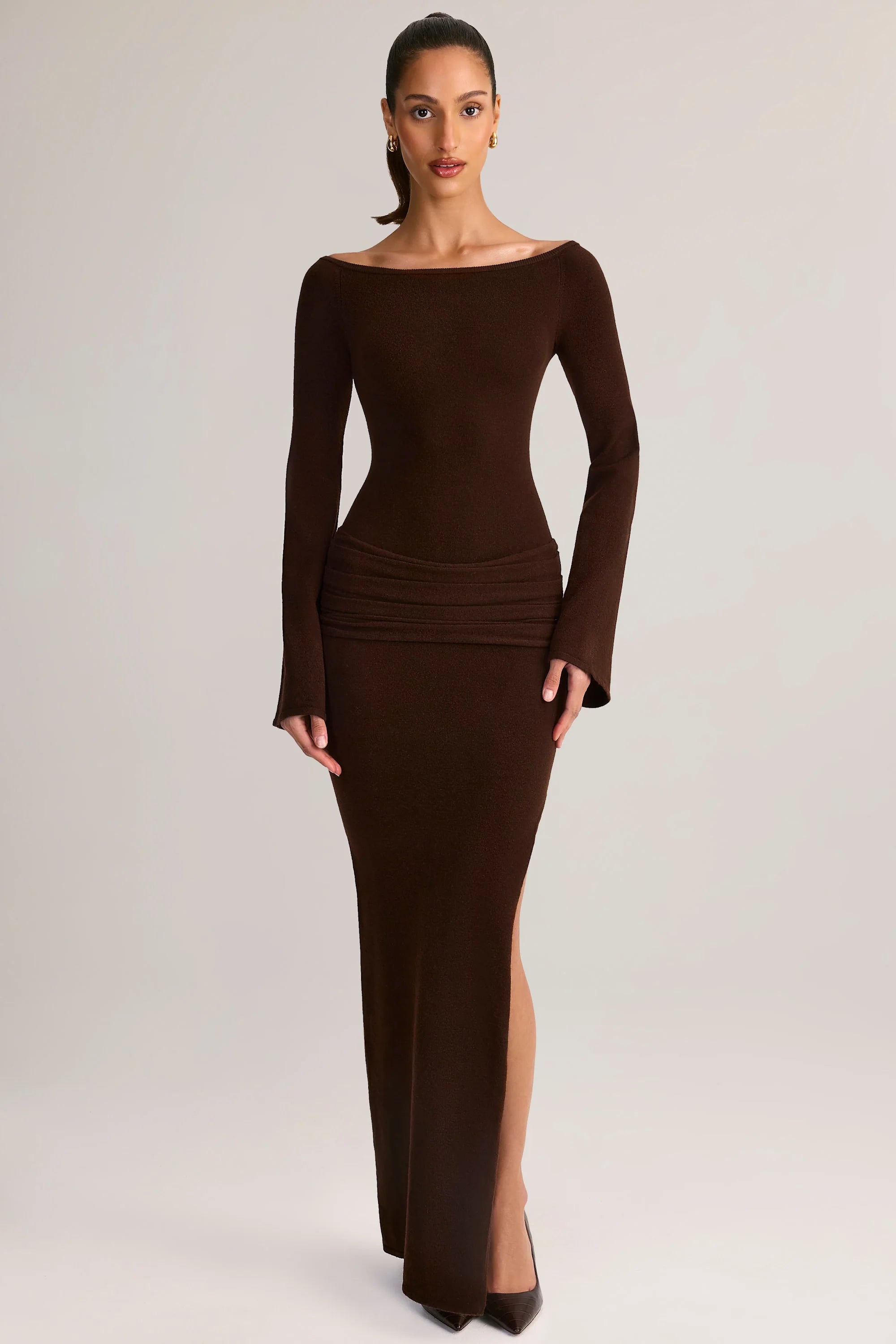 Rib Knit Boat Neck Long Sleeve Maxi Dress in Chocolate Brown