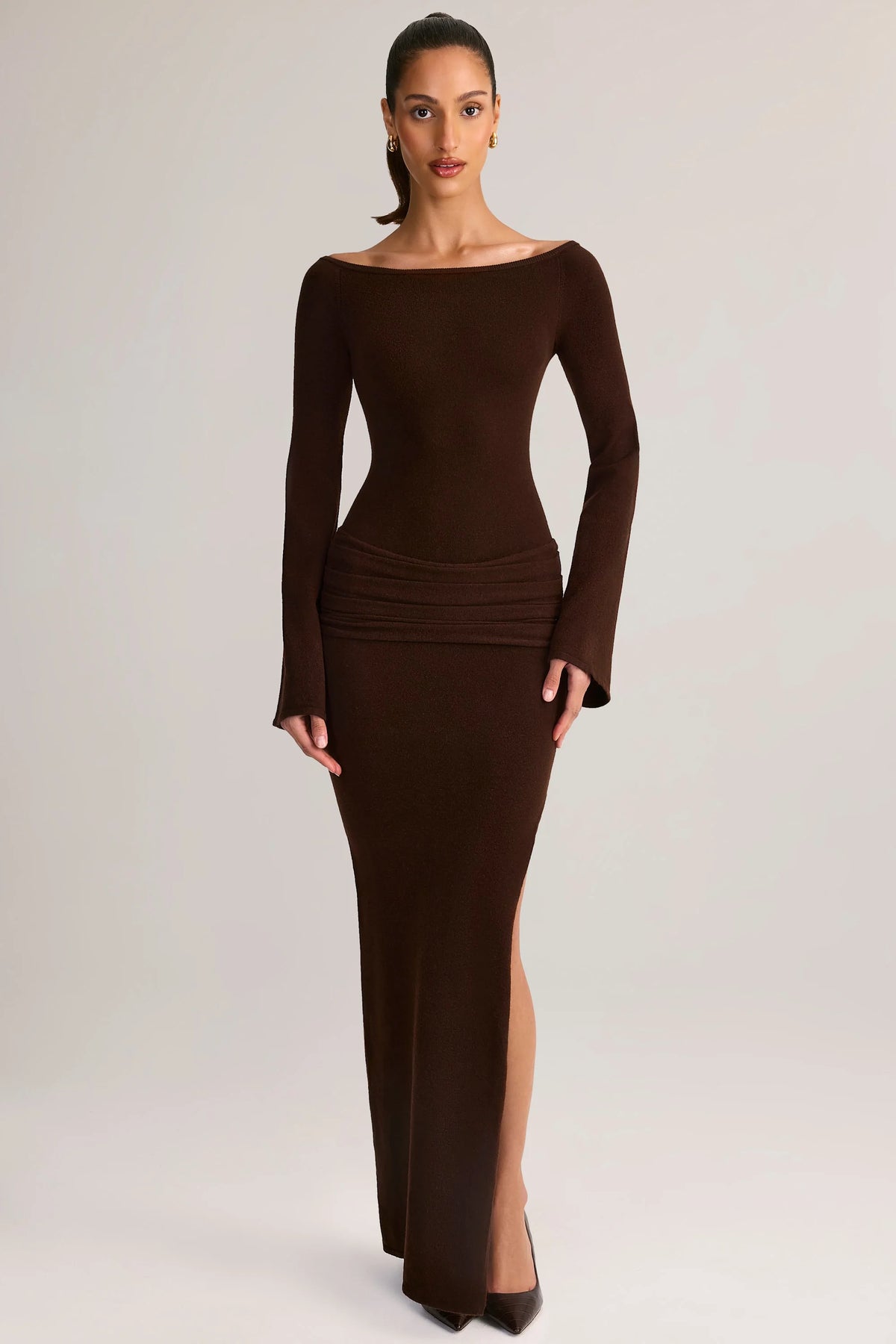 Rib Knit Boat Neck Long Sleeve Maxi Dress in Chocolate Brown