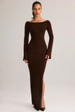 Rib Knit Boat Neck Long Sleeve Maxi Dress in Chocolate Brown