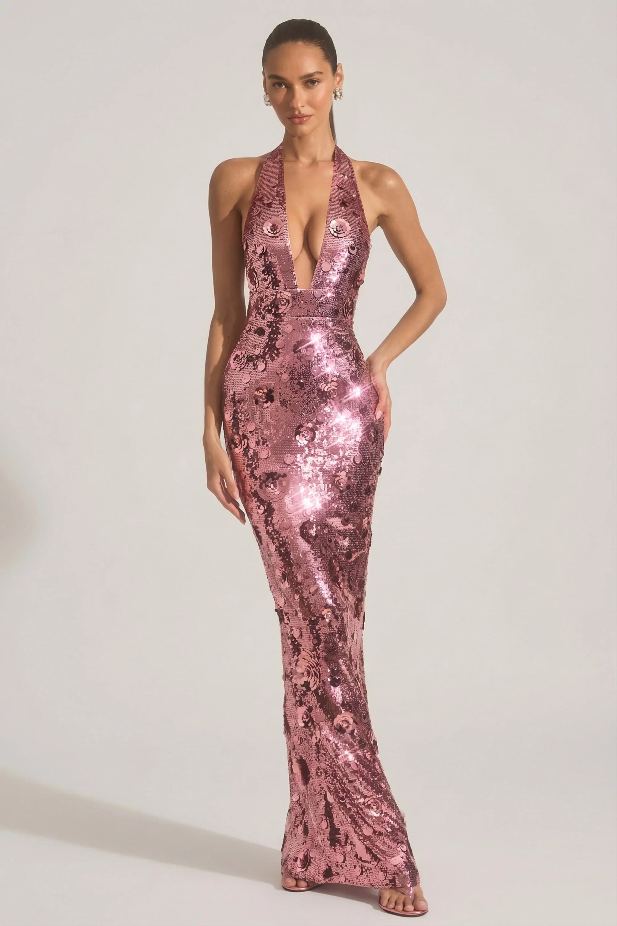 Sequin Embellished Halterneck Maxi Dress in Pink
