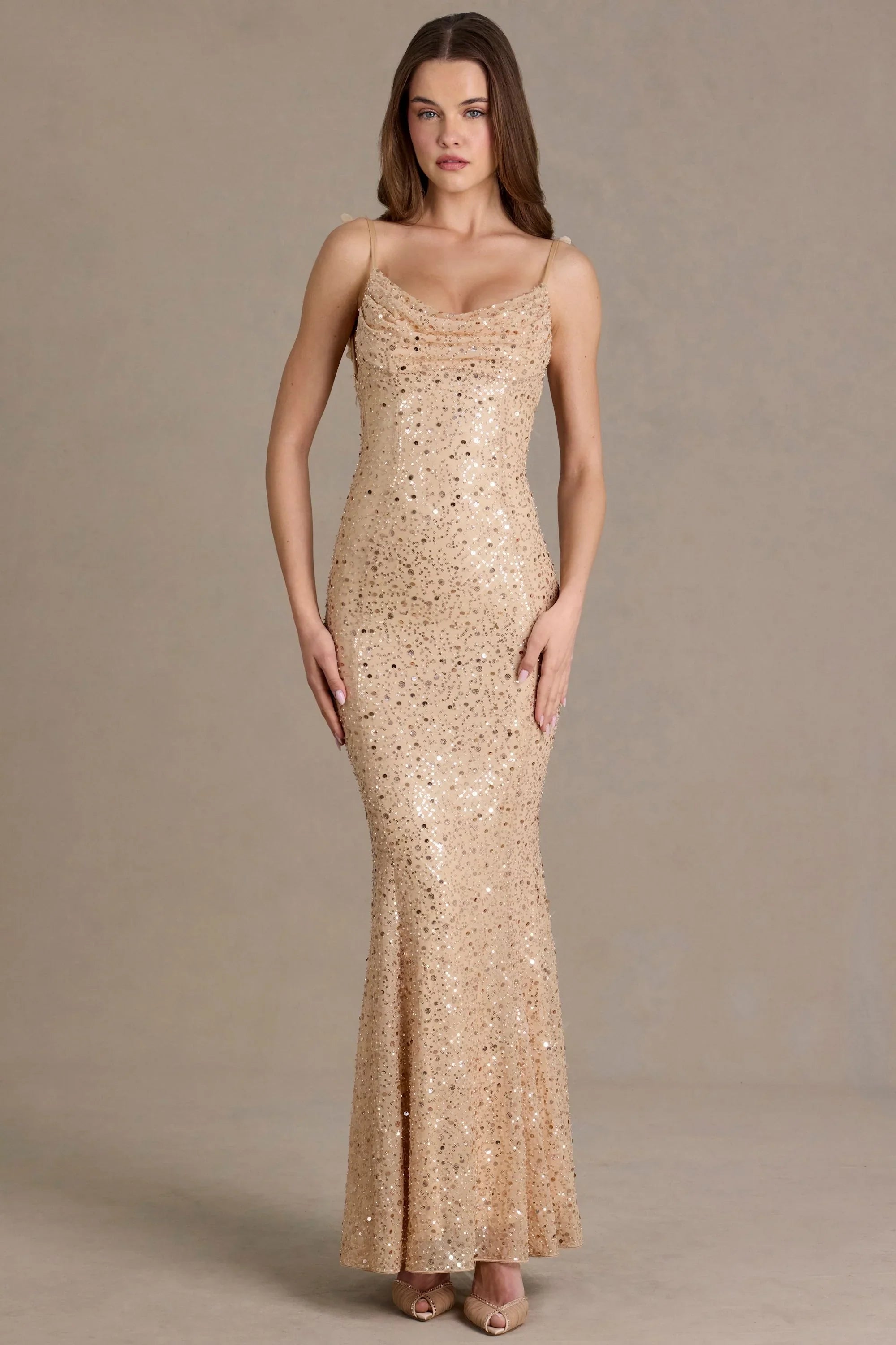 Embellished Open Back Maxi Dress in Gold