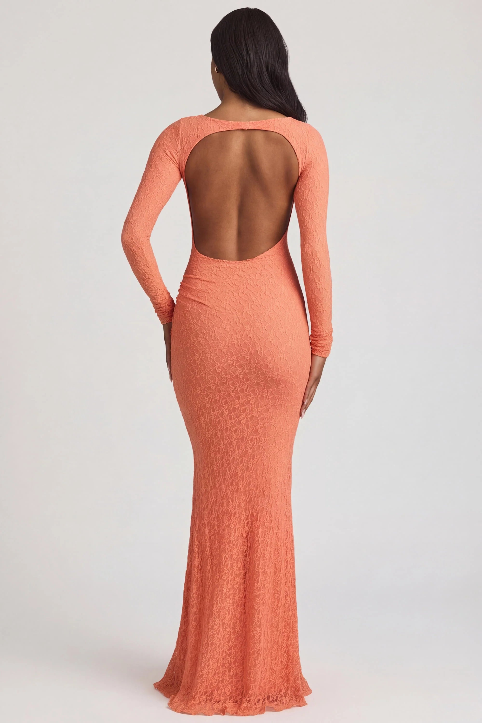 Ruched Backless Lace Maxi Dress in Peach