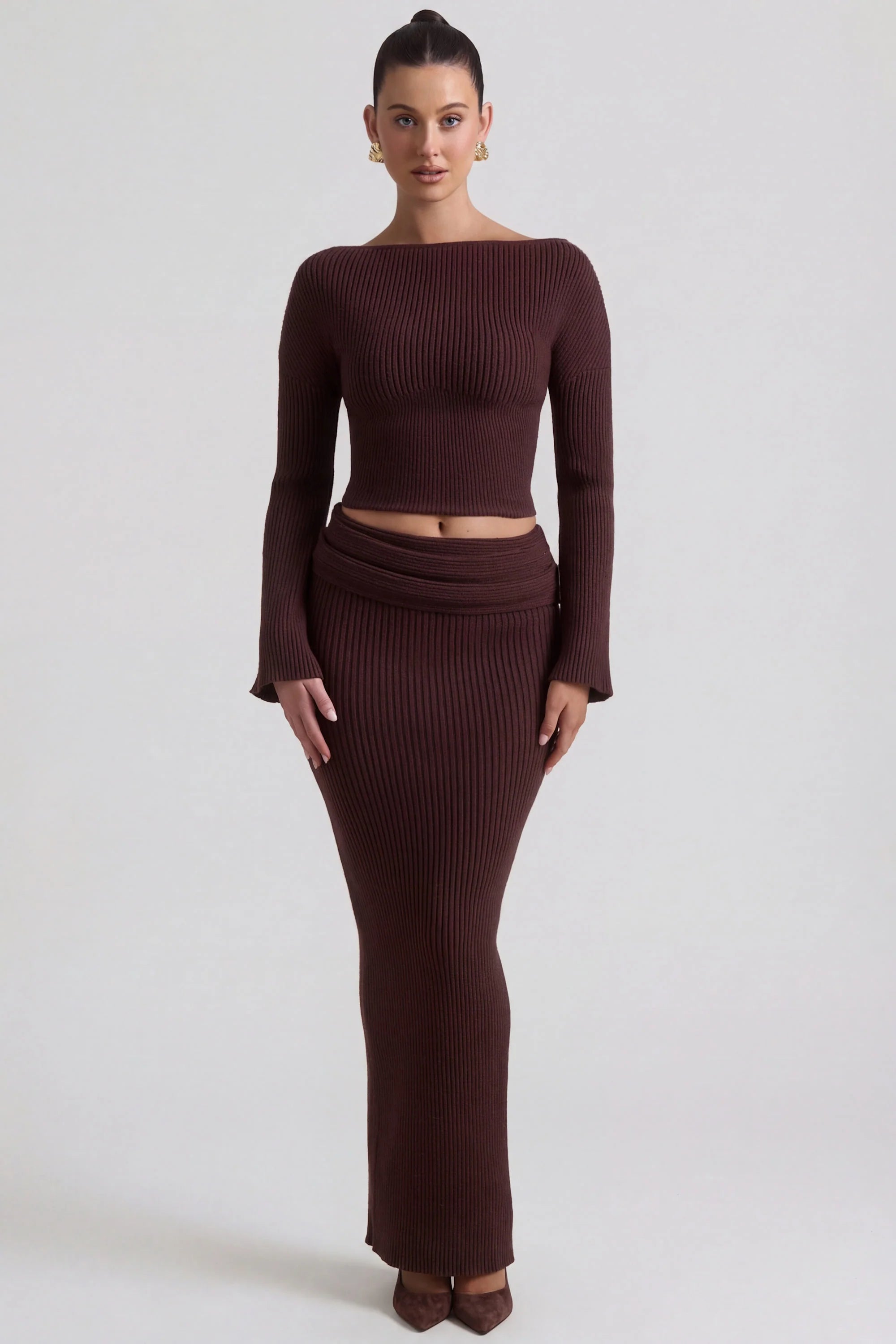 Ribbed Knit Foldover Maxi Skirt in Espresso