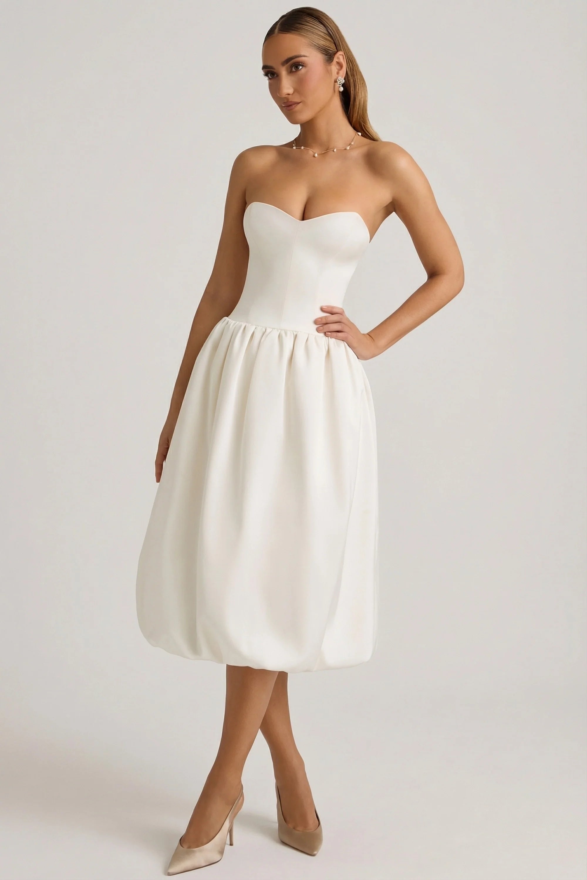 Convertible Bow Detail Bubble Hem Midaxi Dress in Ivory