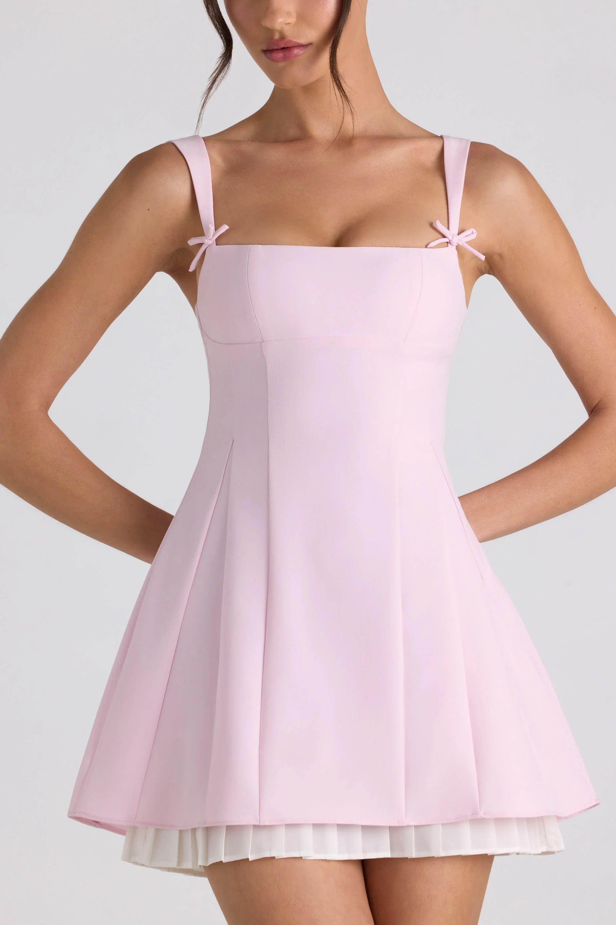 Bow Detail Pleated A Line Mini Dress in Soft Pink