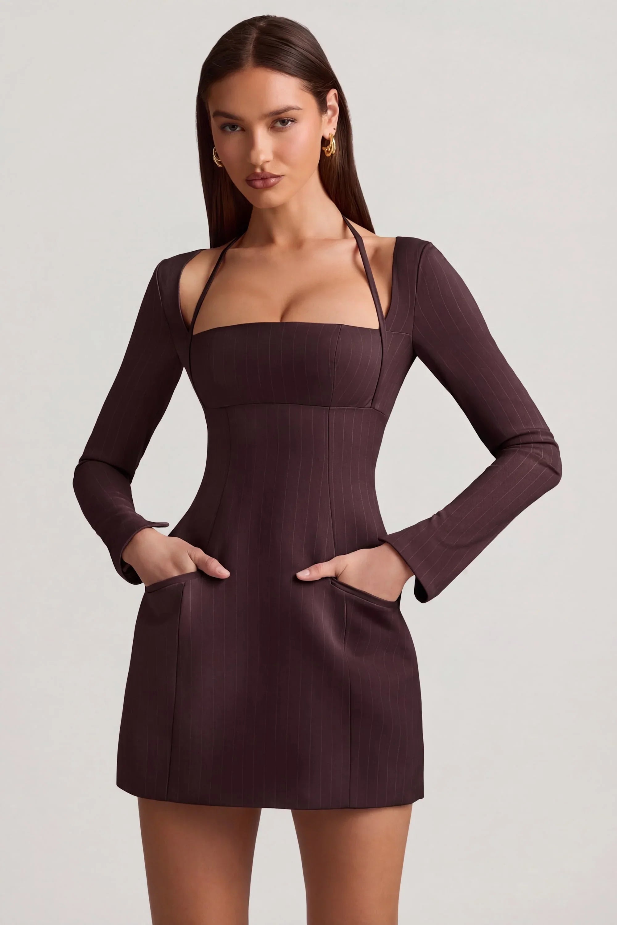 Pinstripe Structured A Line Mini Dress in Chocolate Brown