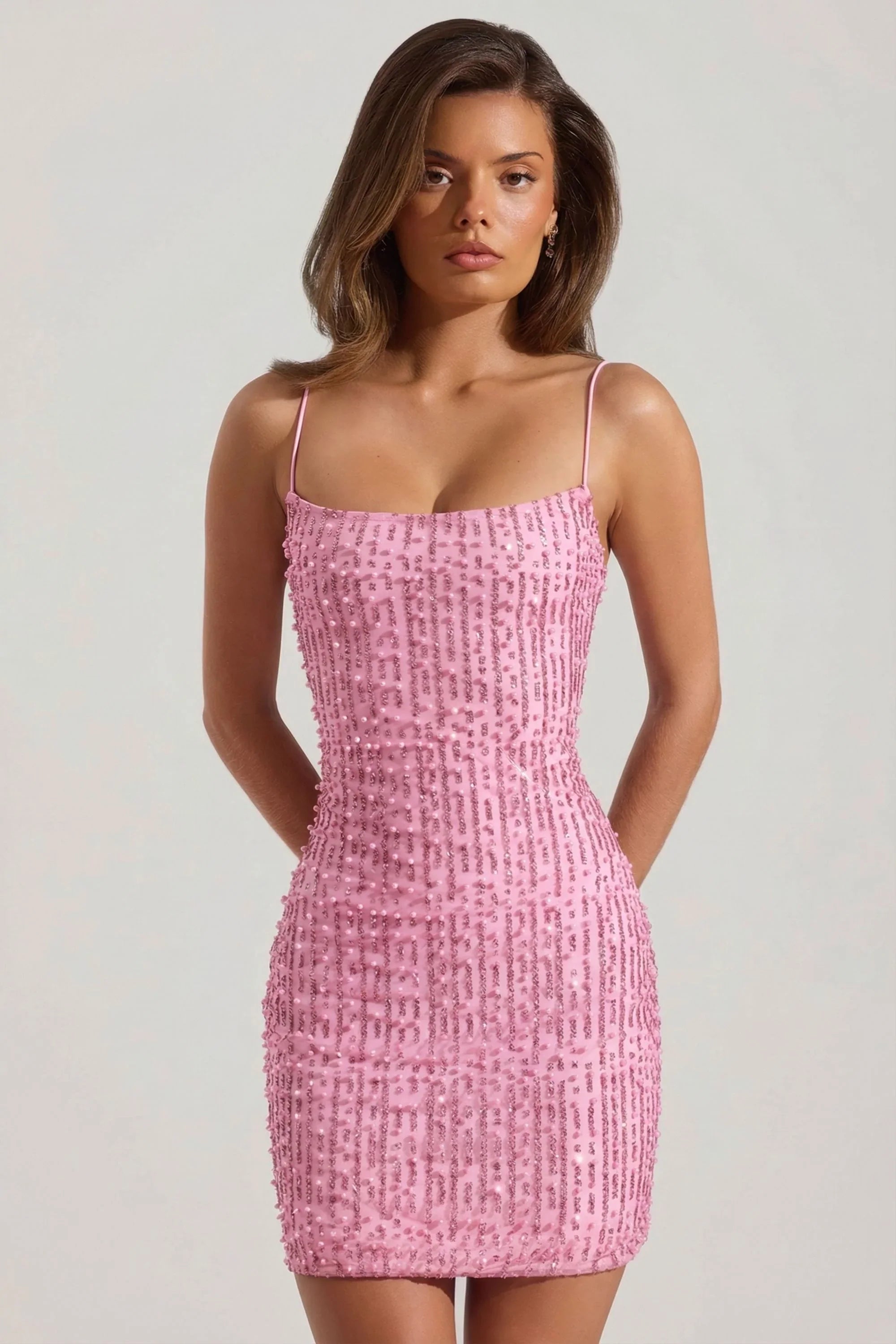 Embellished Scoop Neck Bodycon Mini Dress in Pink