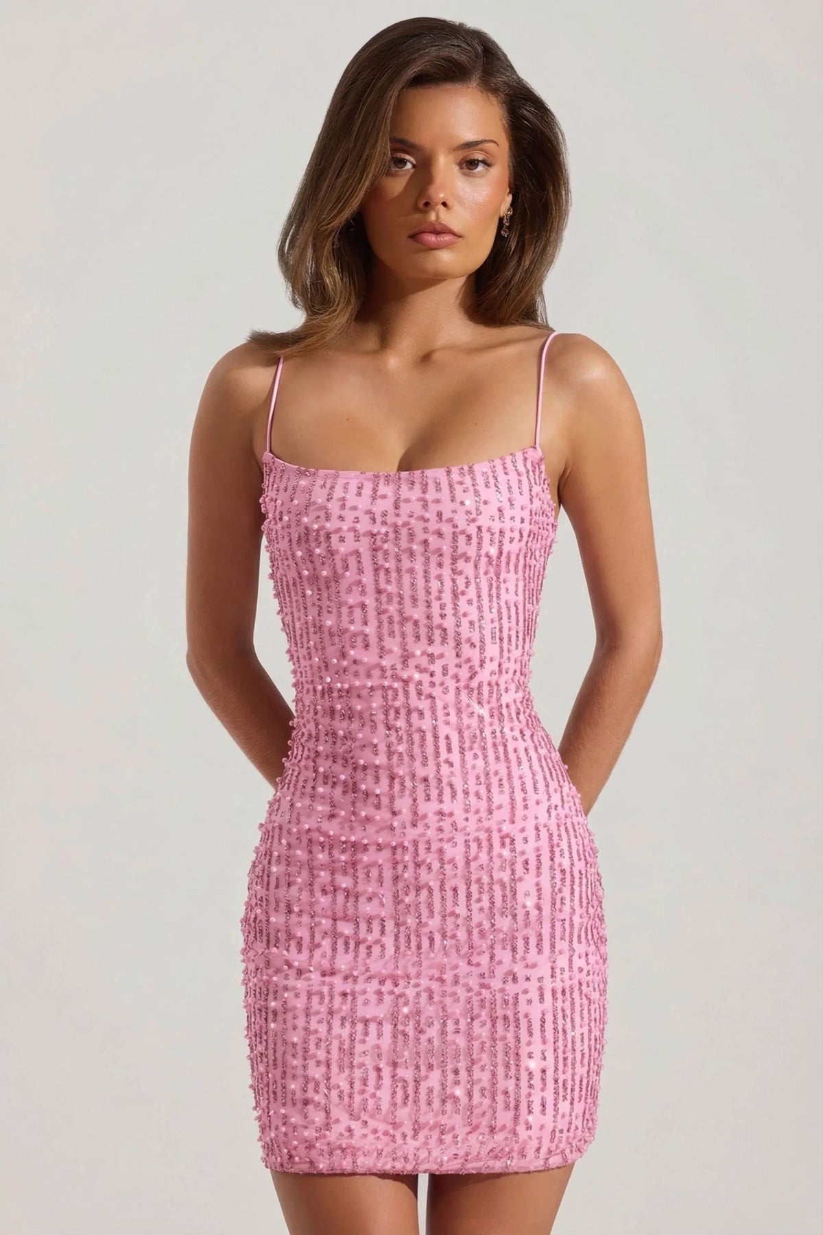 Embellished Scoop Neck Bodycon Mini Dress in Pink