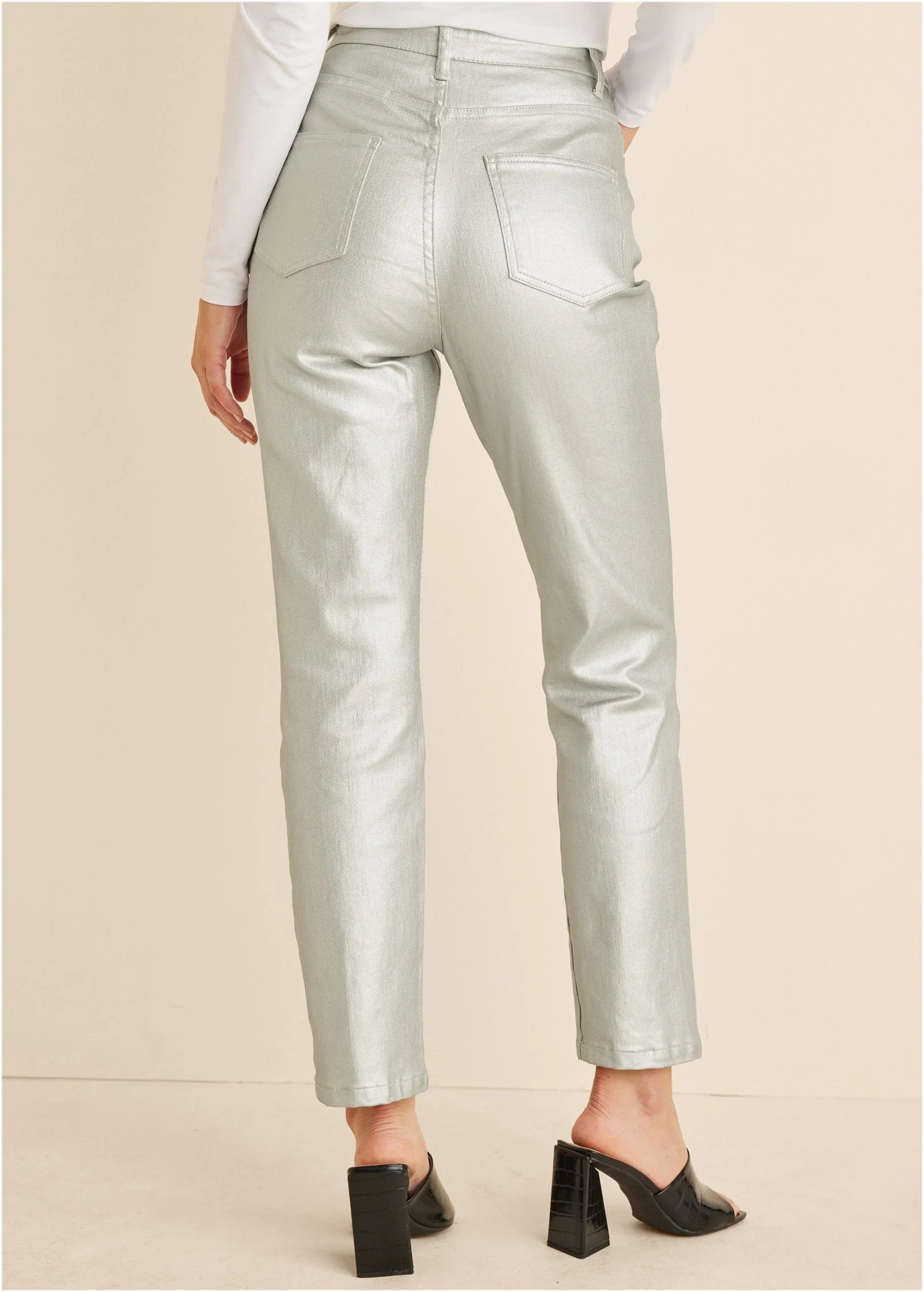 Metallic Straight Leg Jeans Silver Metallic