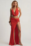 Mid Rise Split Maxi Skirt in Chilli Red