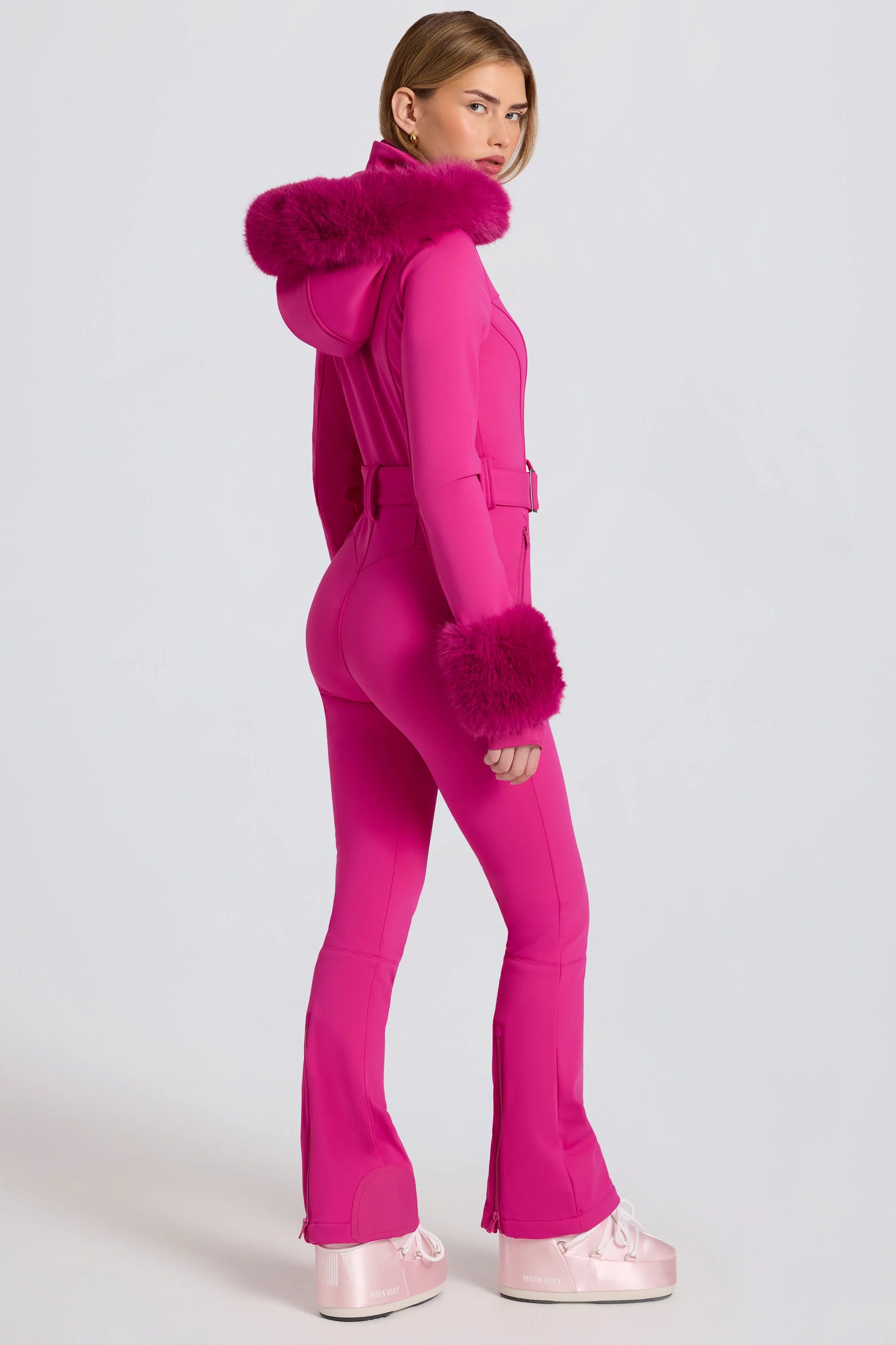 Waterproof Faux Fur Hood Fitted Ski Suit in Magenta Pink