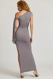 Off Shoulder Ruched Tie Detail Maxi Dress in Steel Grey