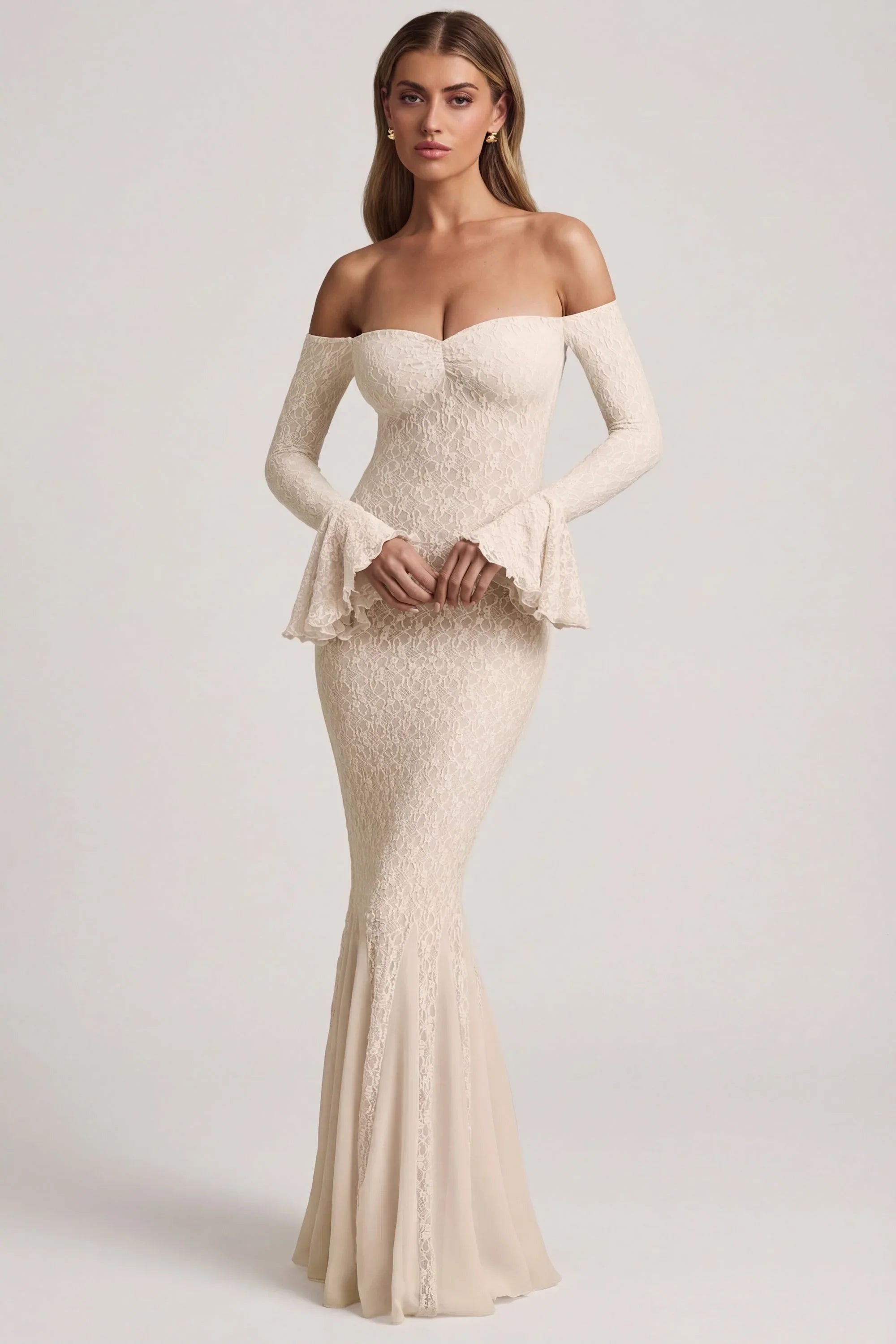 Off Shoulder Ruffle Lace Maxi Dress in Ivory