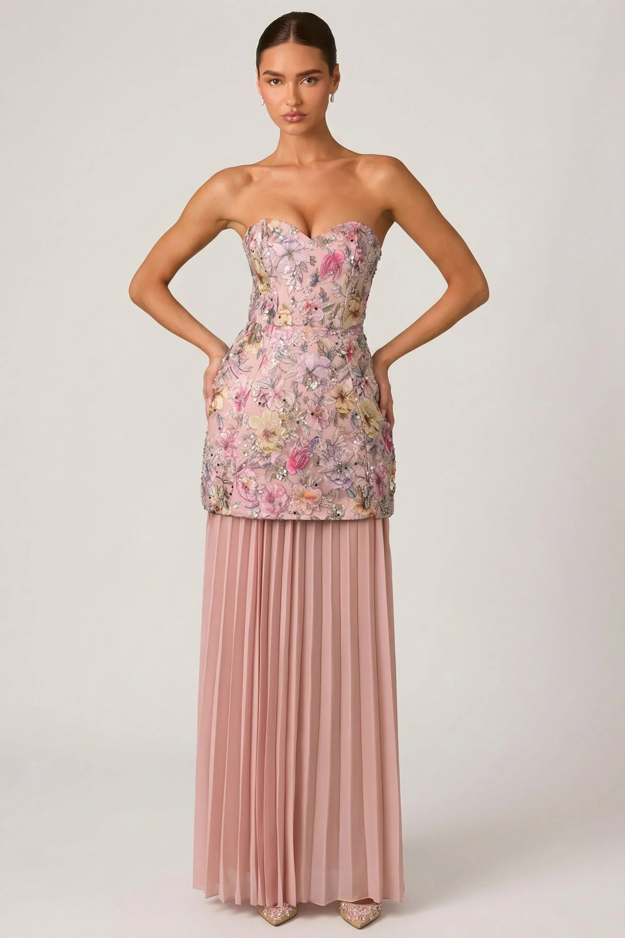 Embellished Convertible Lace Up Gown in Floral Pink