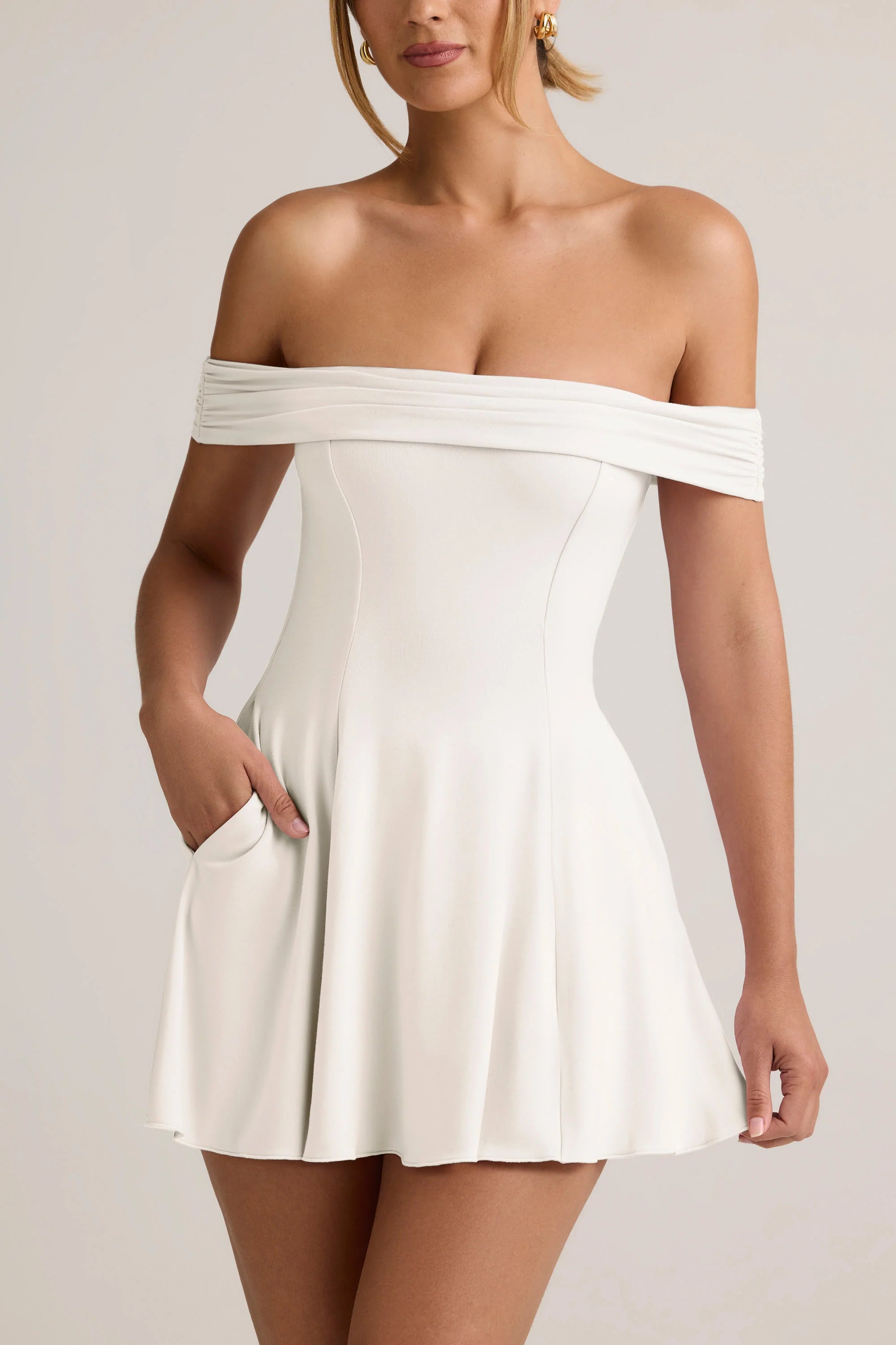 Modal Off Shoulder A Line Mini Dress in White