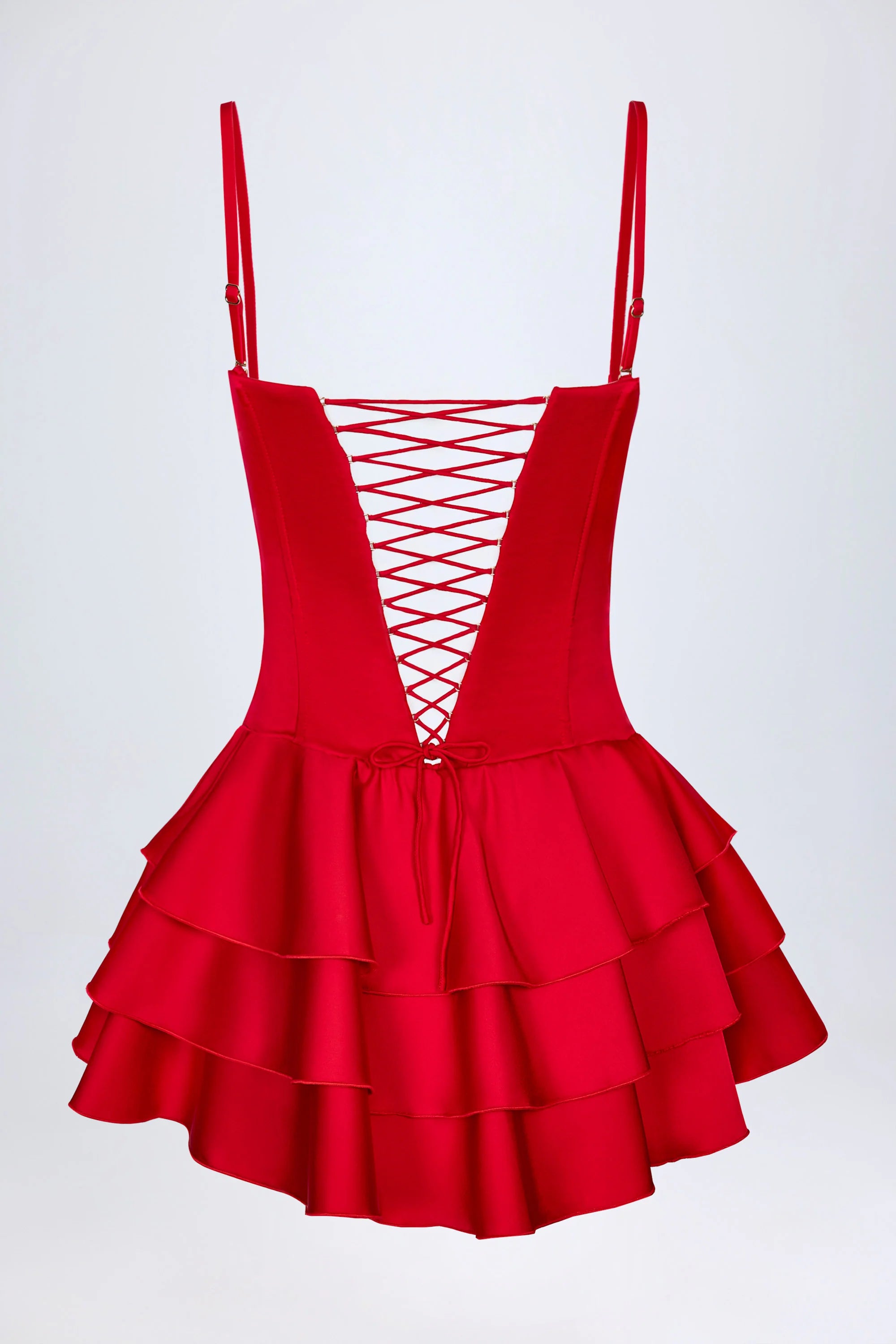Ruffled Lace Up Corset Playsuit in Fire Red