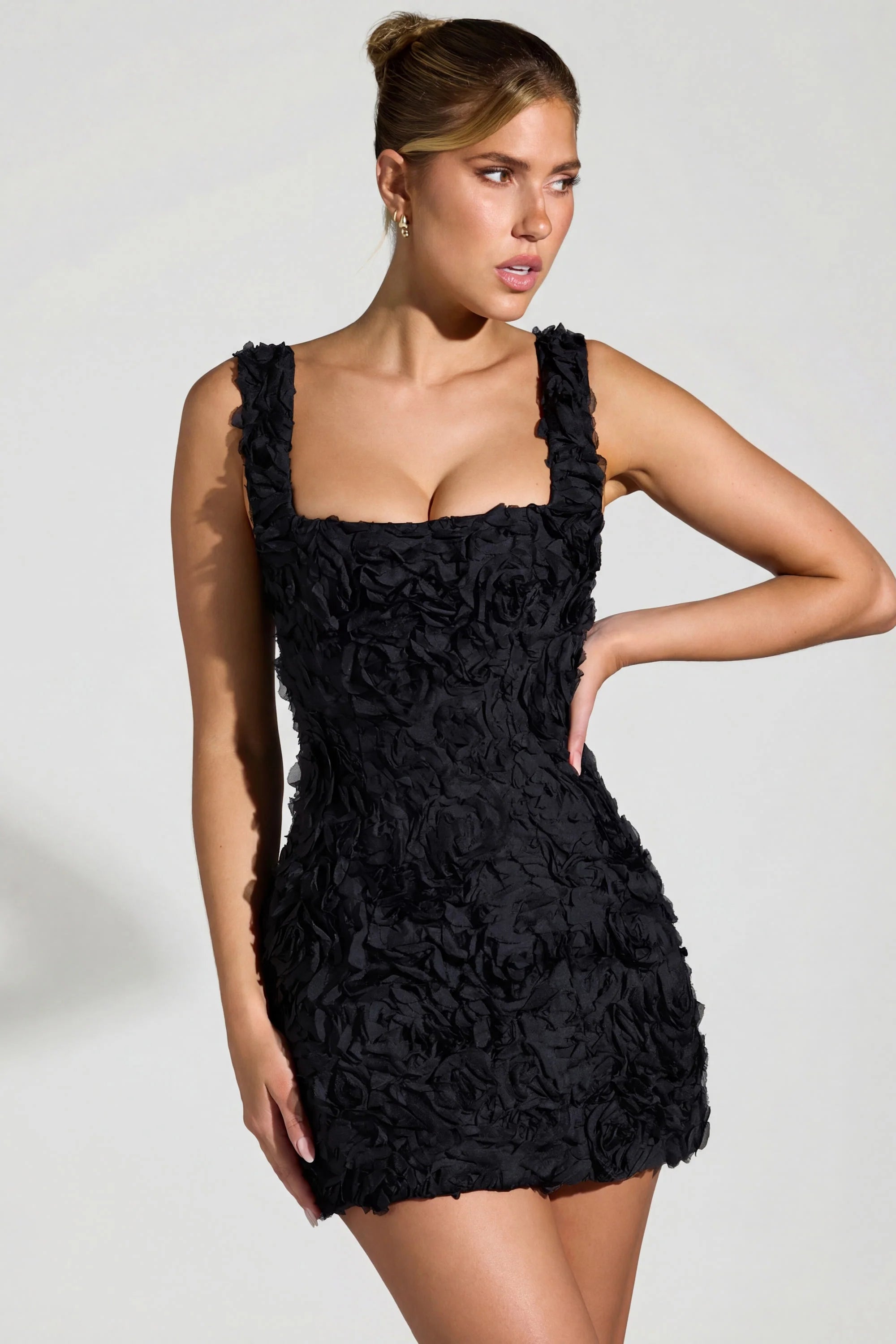Floral Appliqué Square Neck Corset Mini Dress in Black