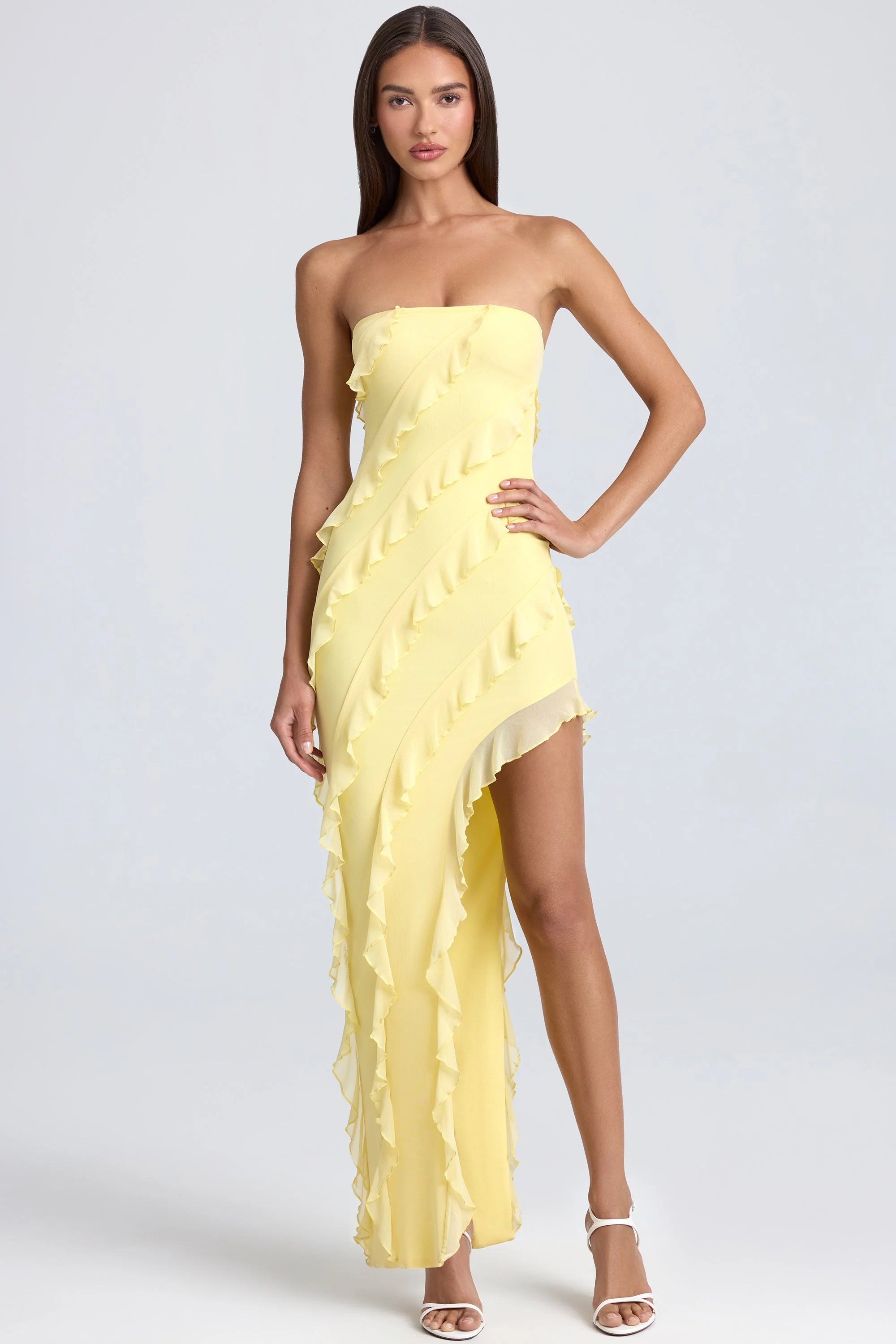Bandeau Ruffle Trim Maxi Dress in Lemon Sherbet