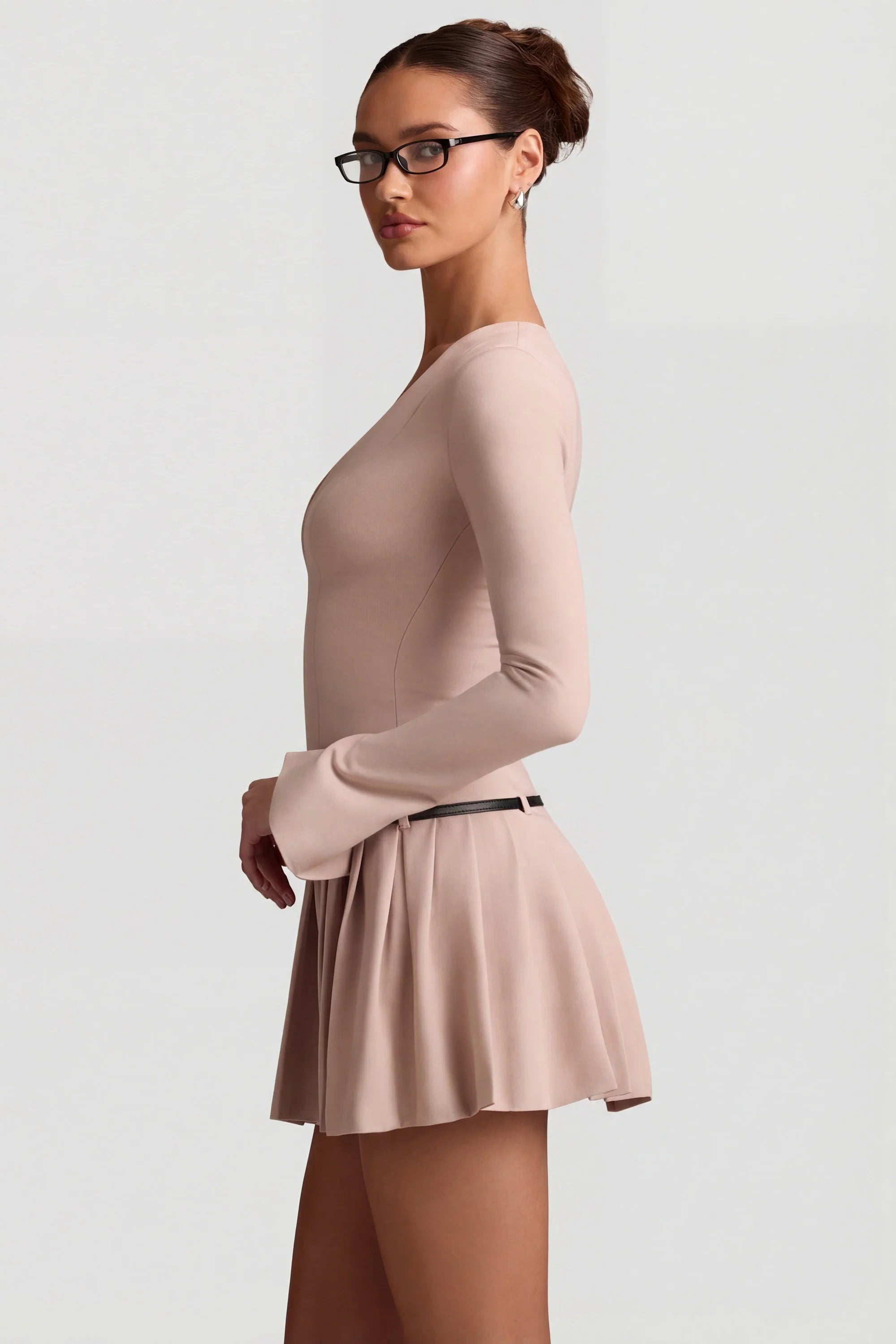 Long Sleeve Pleated Mini Dress in Mushroom