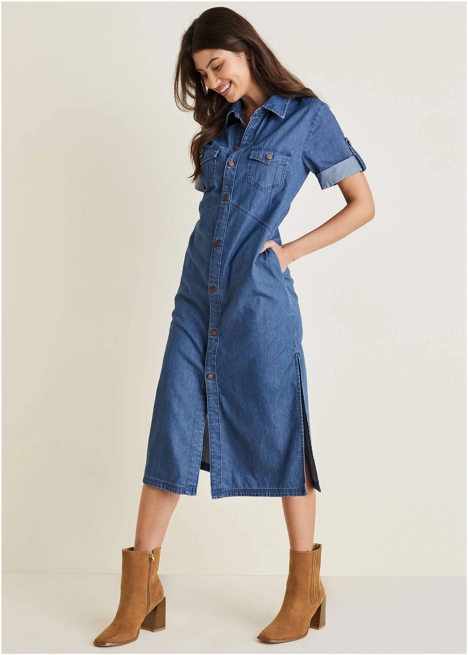 Denim Midi Shirt Dress Medium Wash