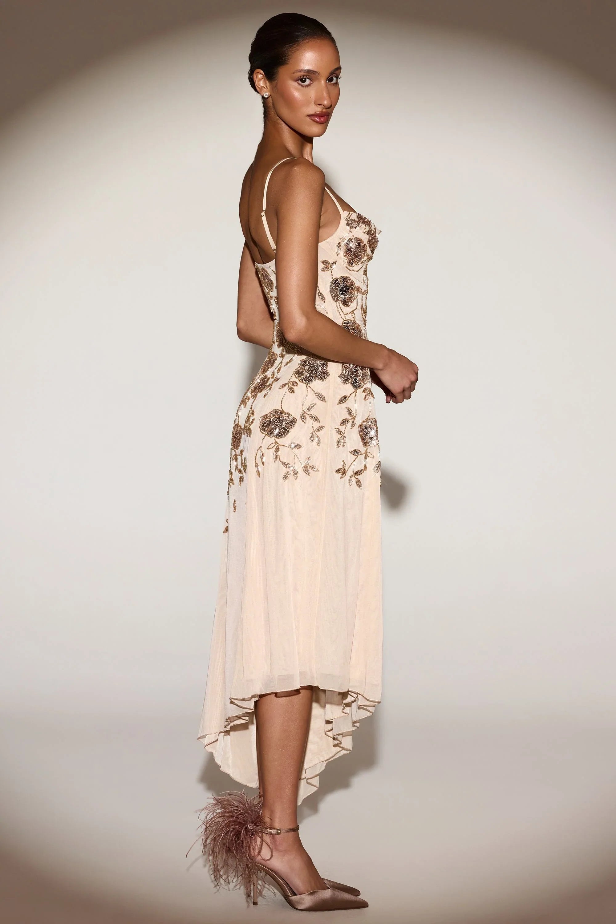 Embellished Soft Scoop Asymmetric Midaxi Dress in Gold