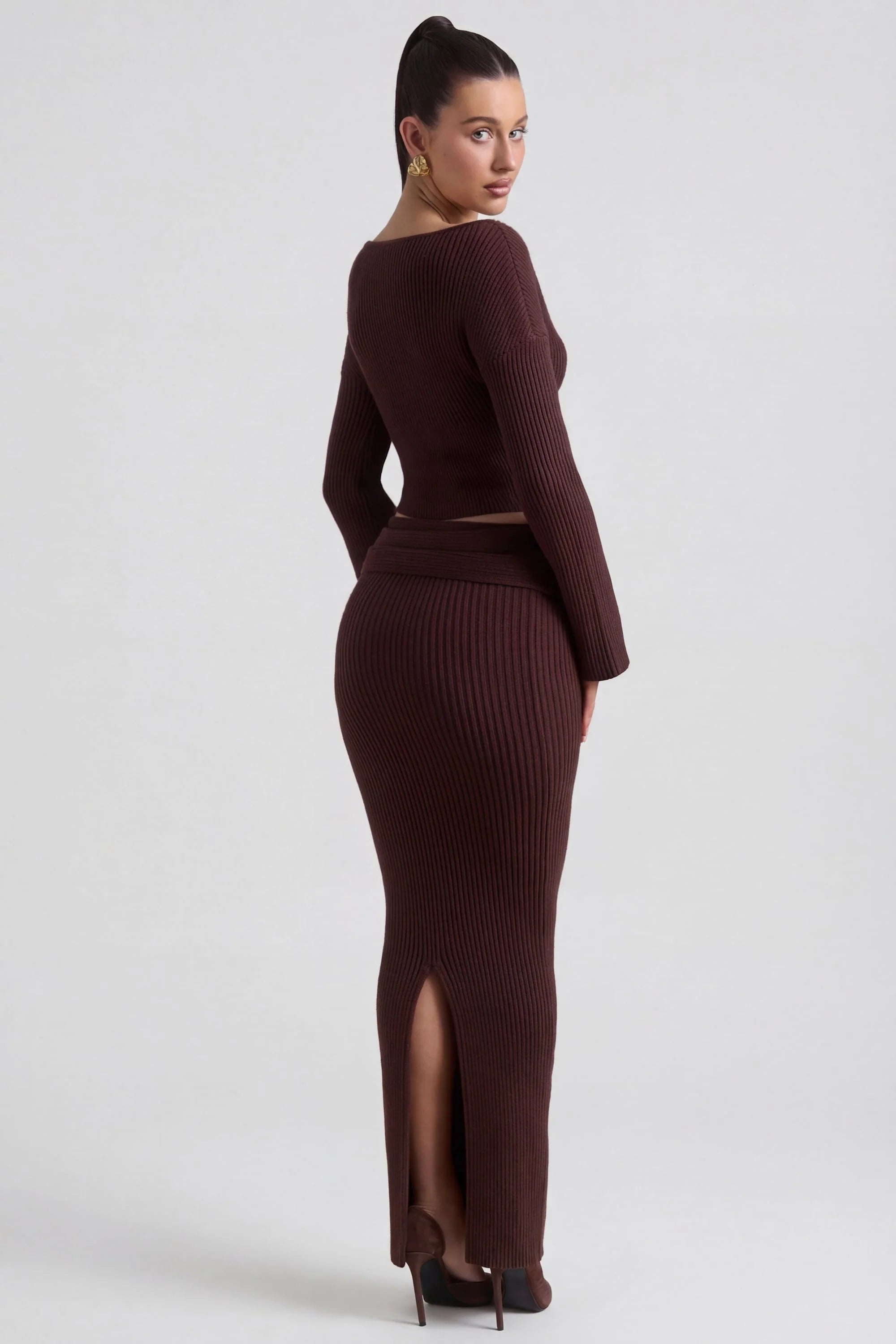 Ribbed Knit Foldover Maxi Skirt in Espresso