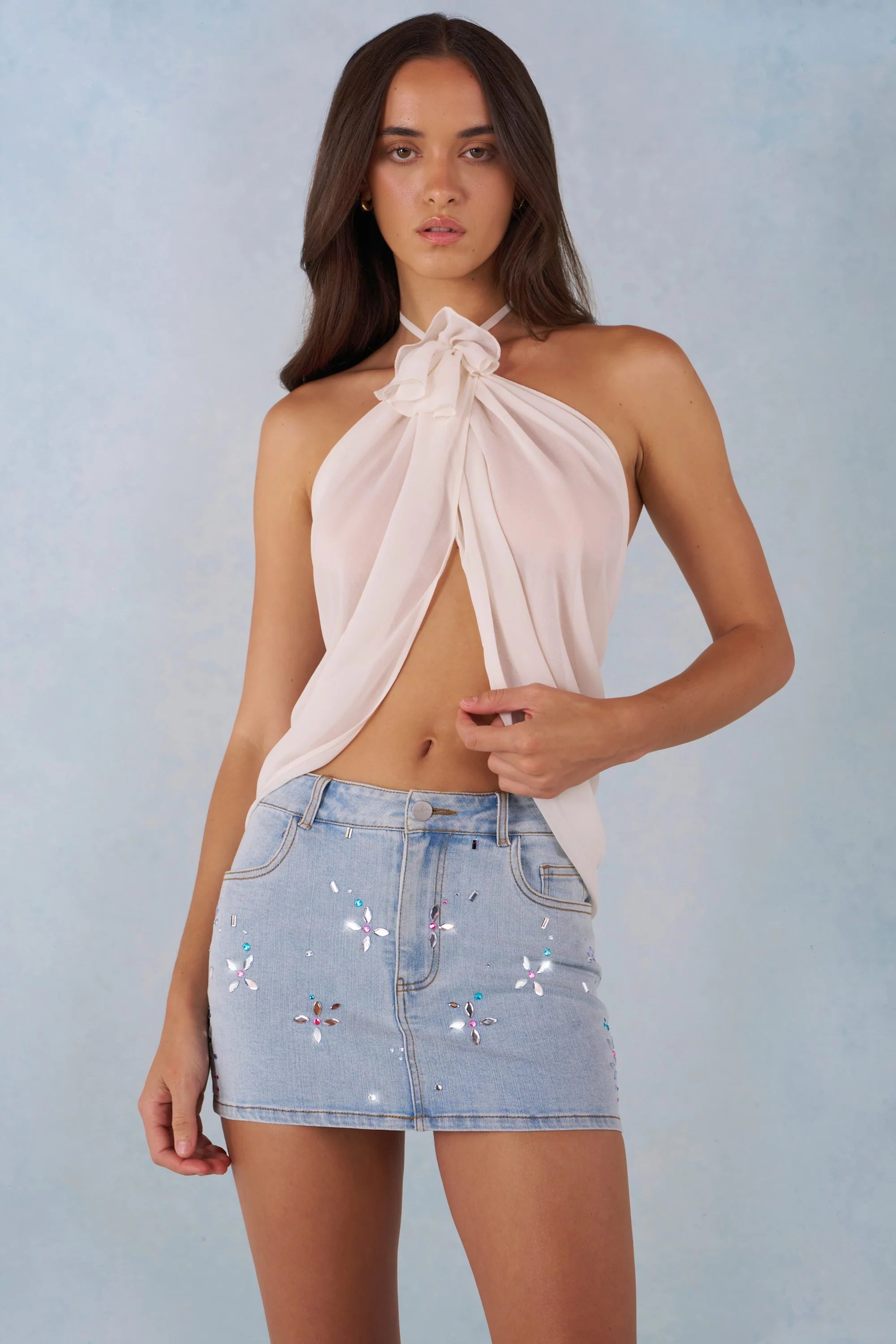 Halterneck Open Front Top in Ivory