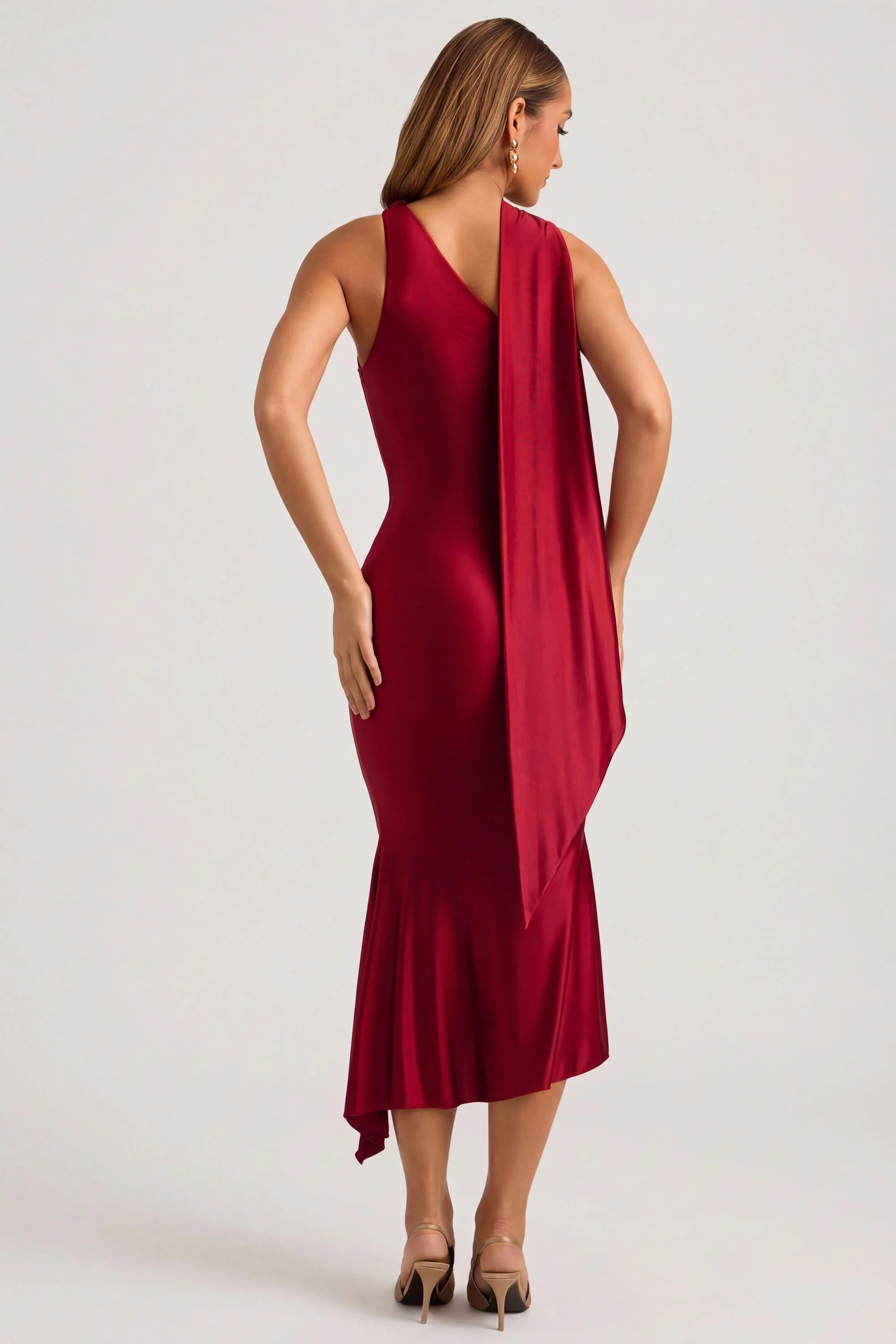 Asymmetric Scarf Detail Midaxi Dress in True Red