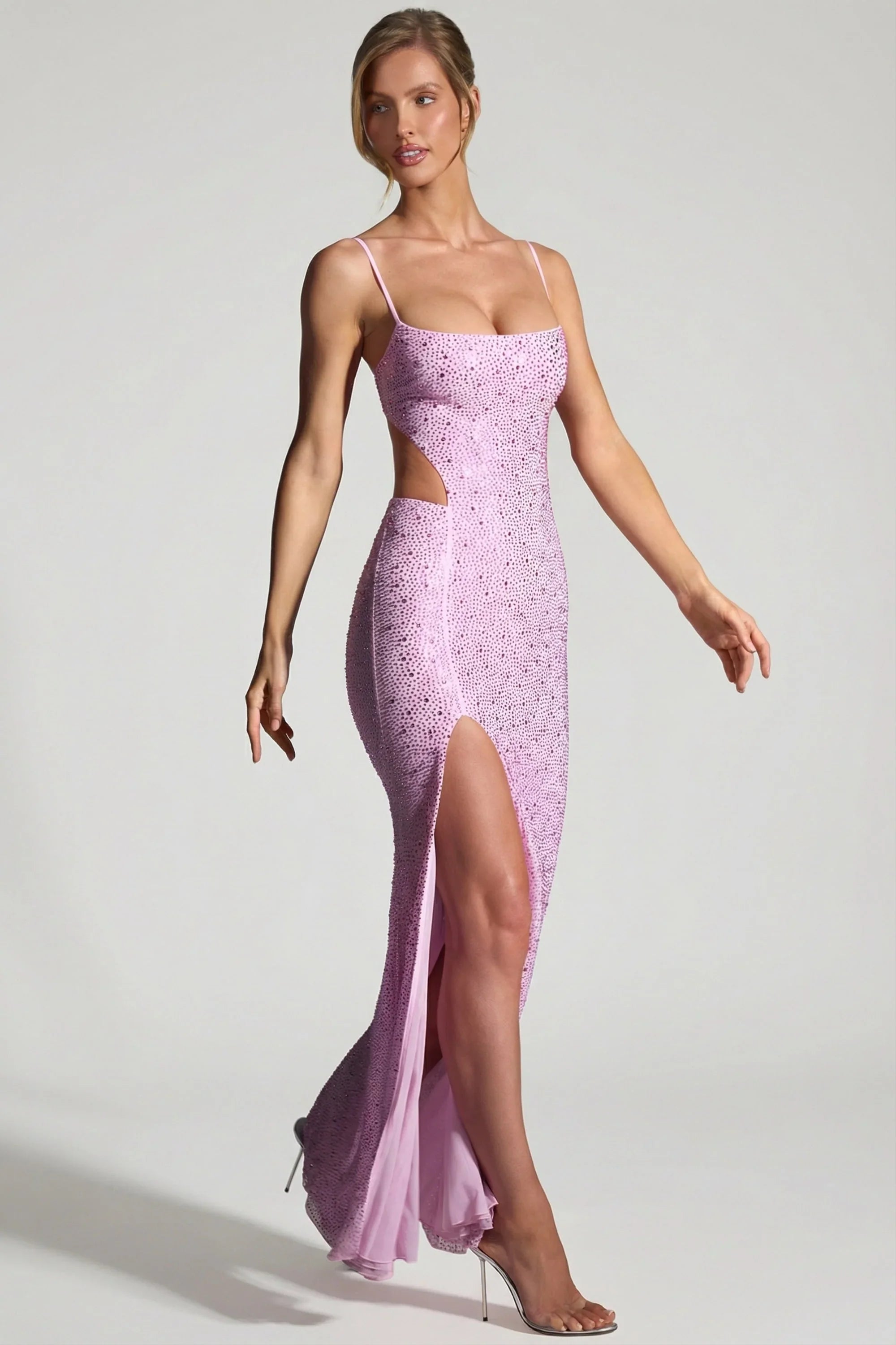 Embellished Cut Out Fishtail Maxi Dress in Peony Pink