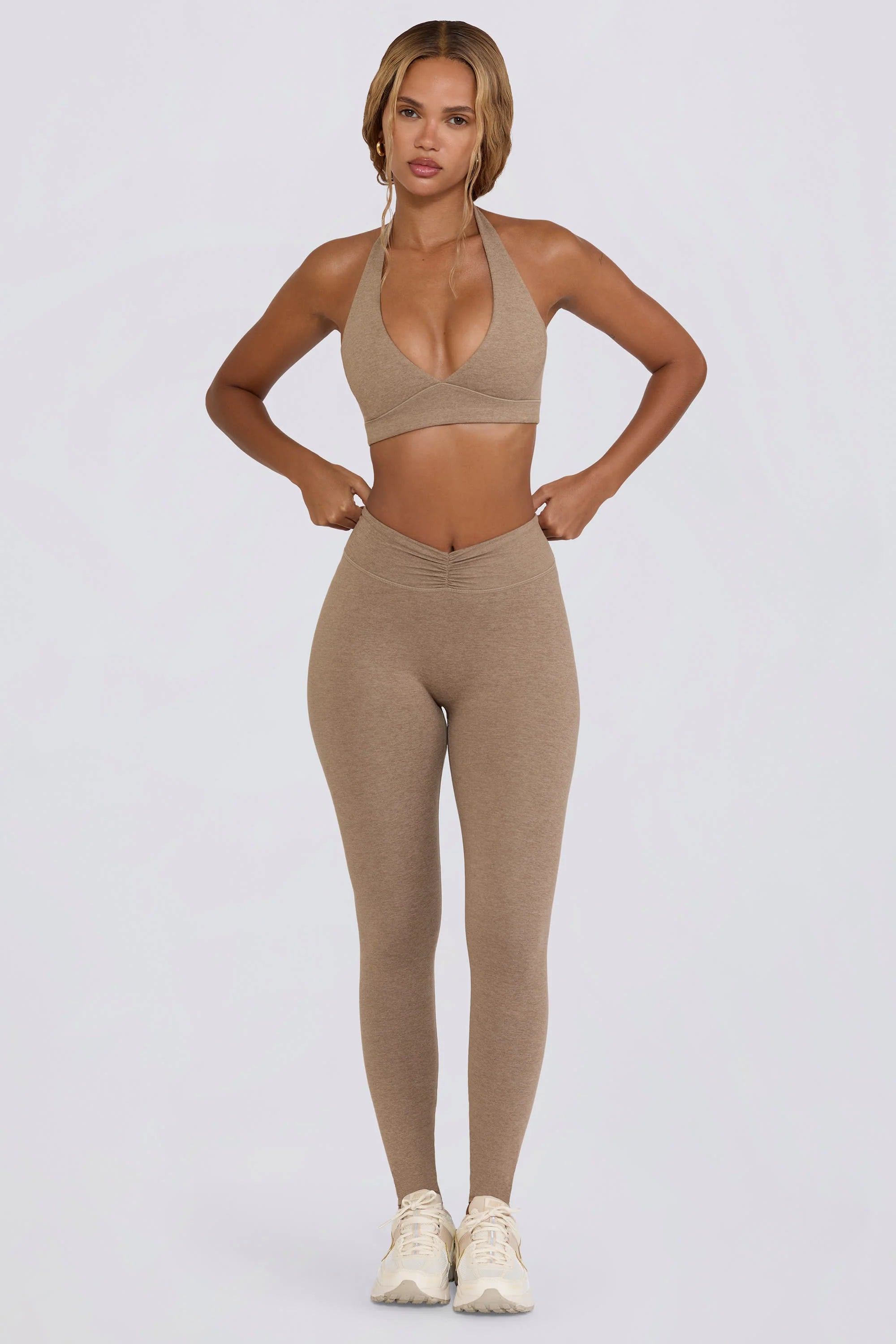 Brushed Jersey Ruched Mid Rise Leggings in Mocha Marl