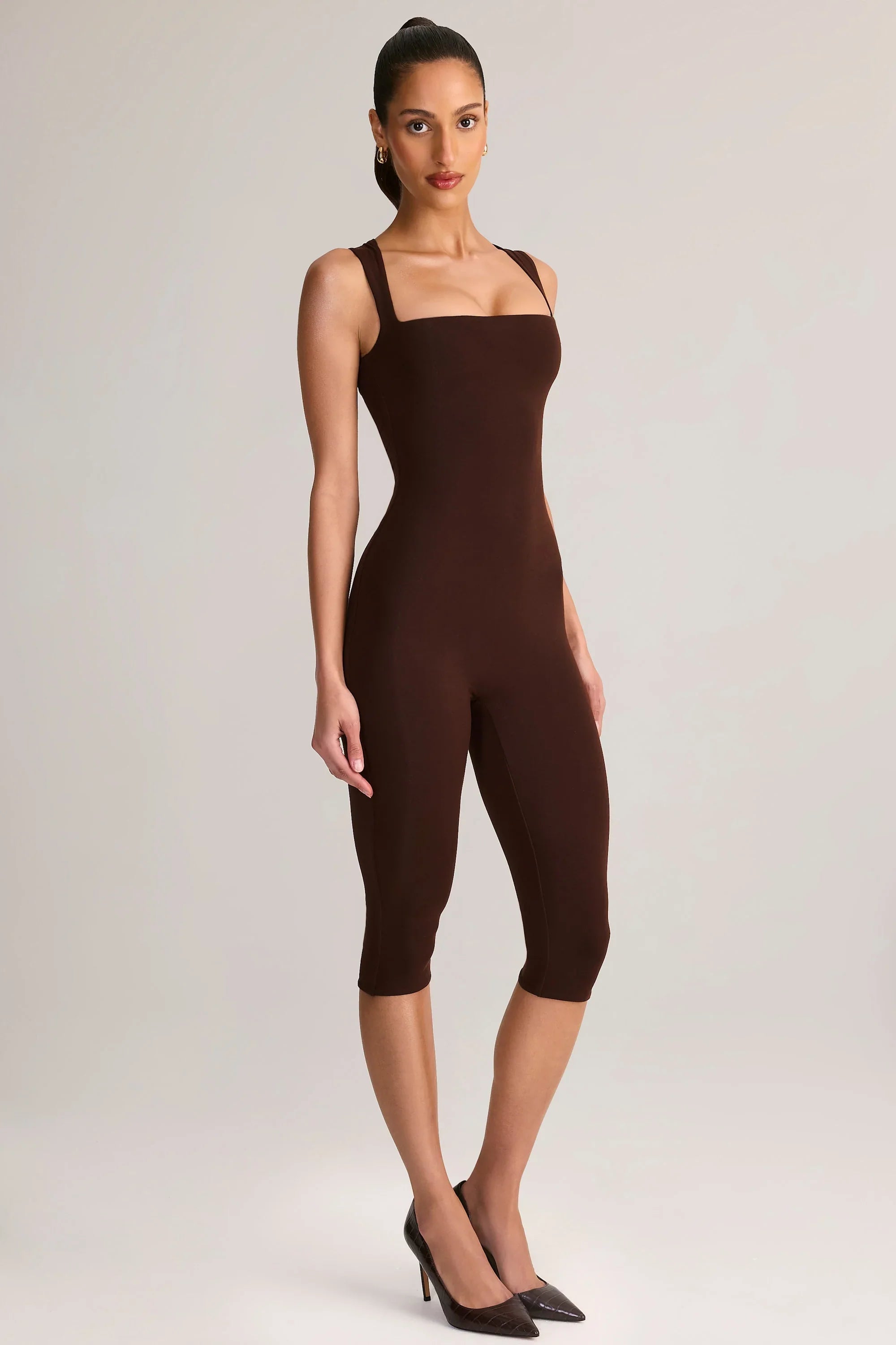 Modal Square Neck Bodycon Capri Jumpsuit in Chocolate Brown