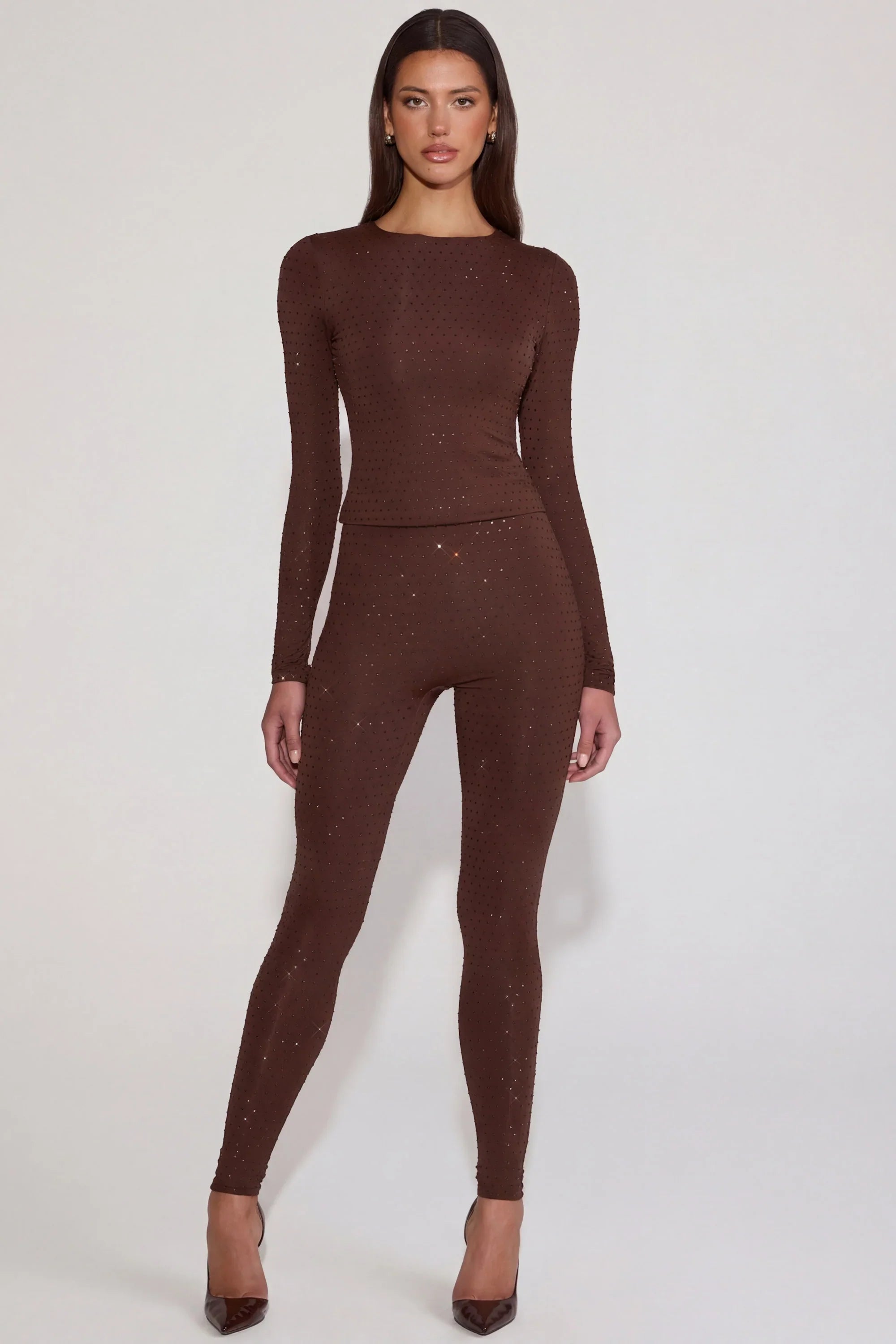 Embellished Jersey High Waisted Leggings in Chocolate Brown