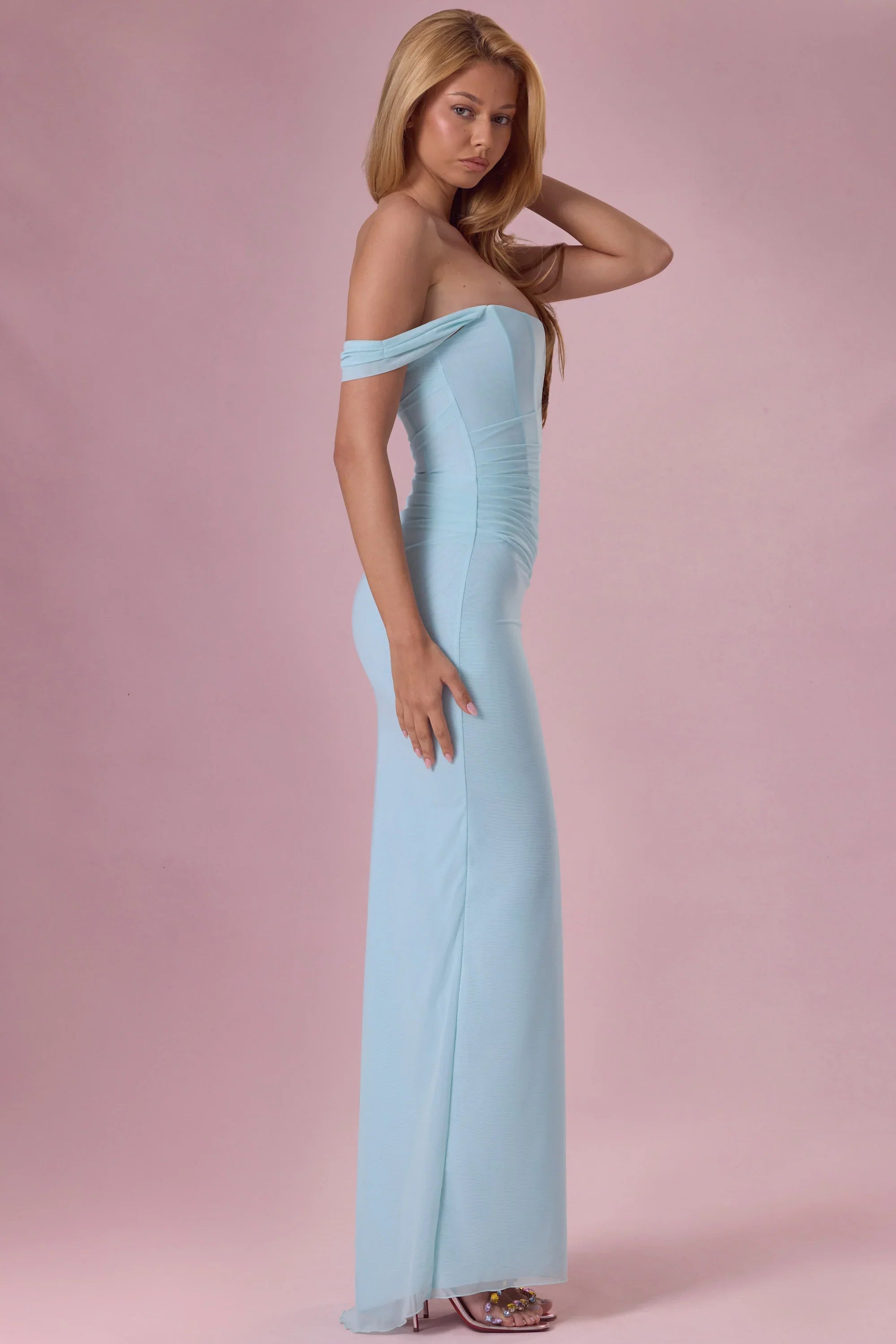Mesh Draped Corset Gown in Light Blue