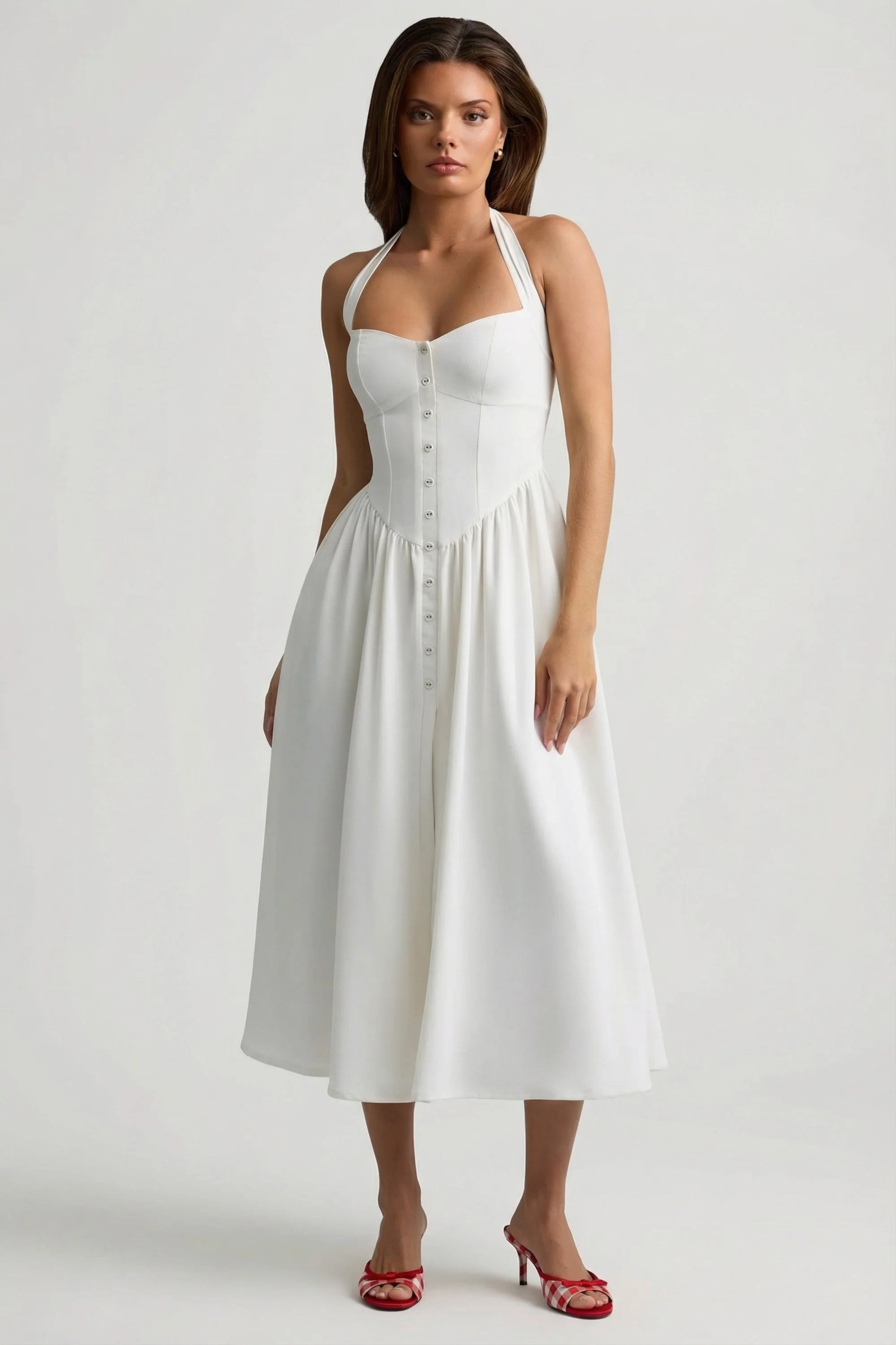 Button Detail Halterneck Midaxi Dress in White