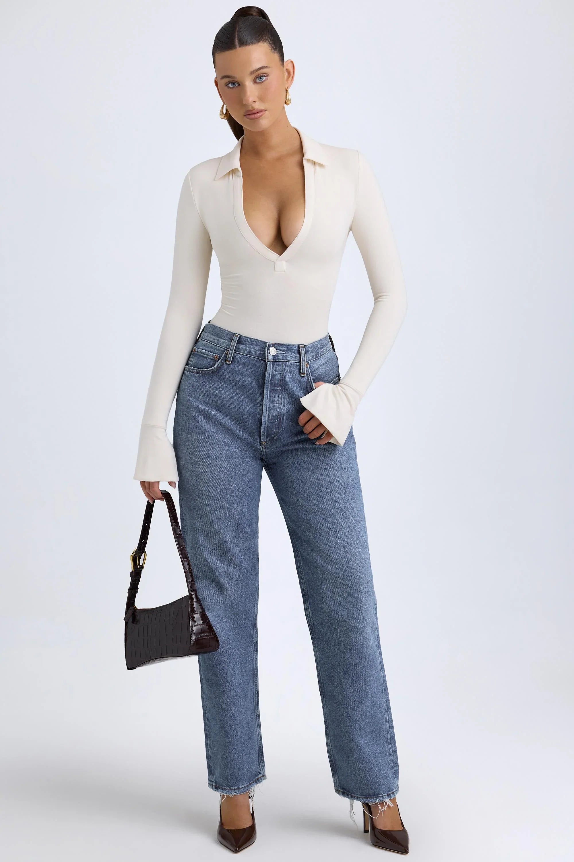 Modal Plunge V Neck Bodysuit in Ivory