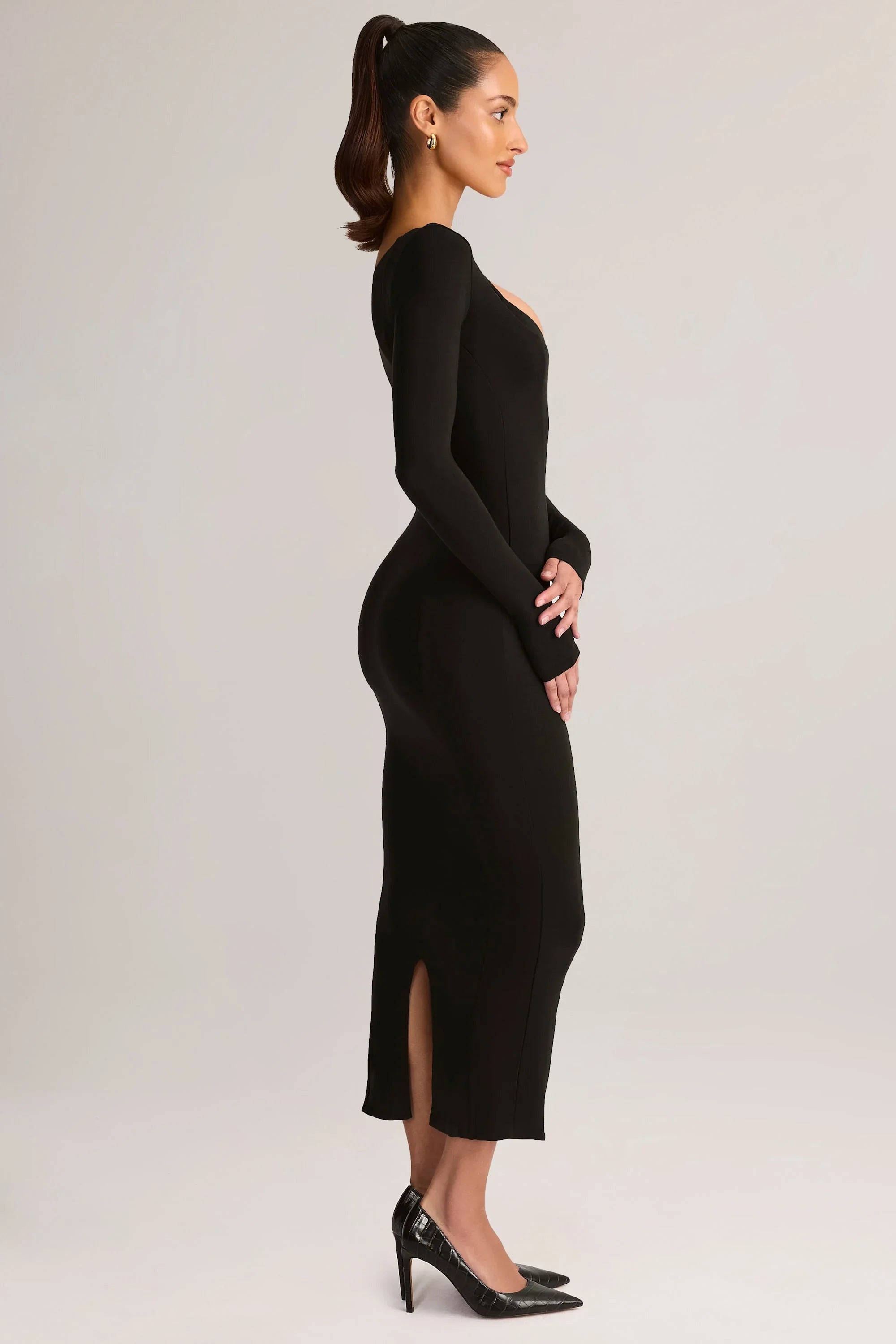 Modal Peekaboo Long Sleeve Midi Dress in Black