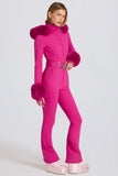 Waterproof Faux Fur Hood Fitted Ski Suit in Magenta Pink