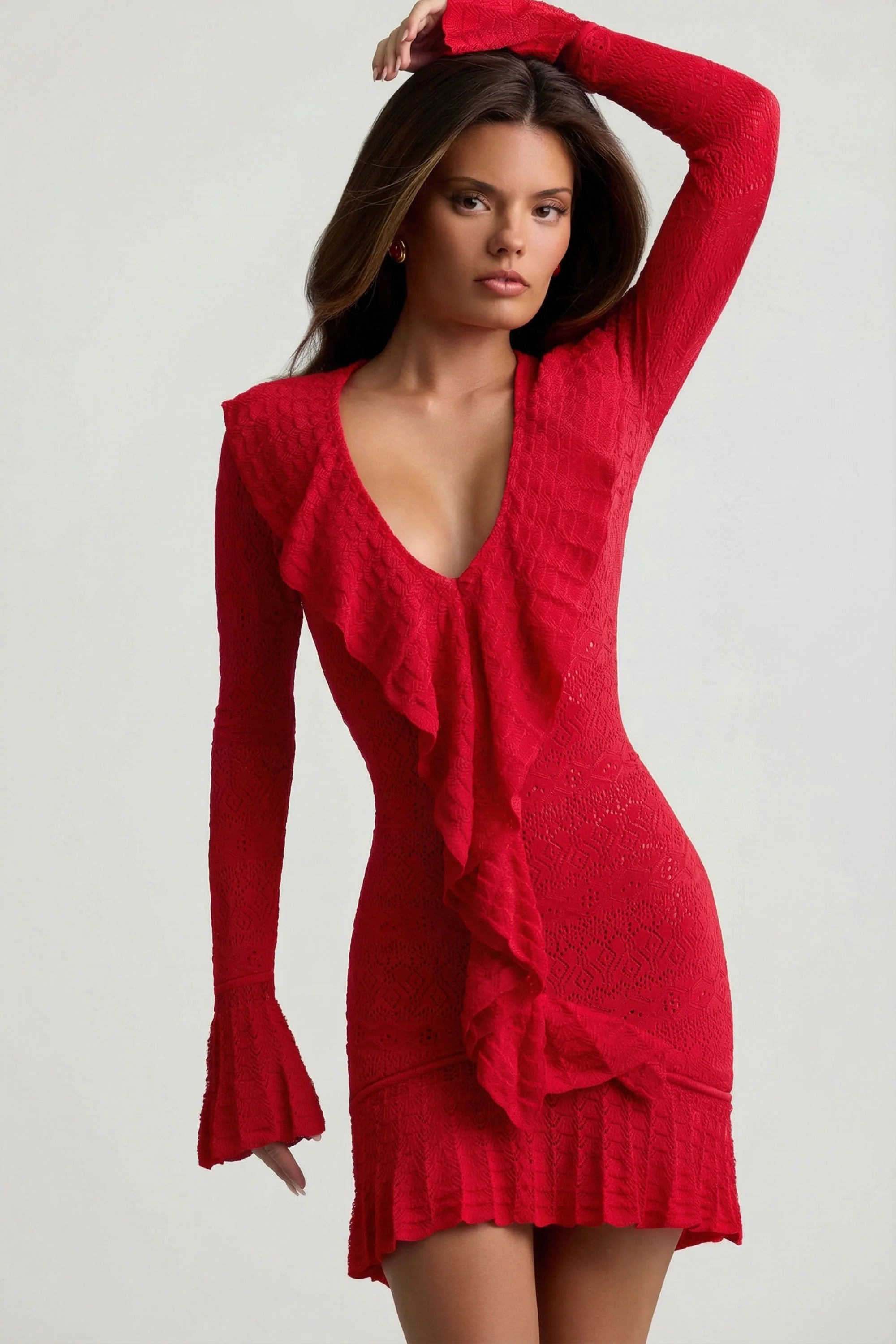 Ruffle Trim Pointelle Knit Mini Dress in Scarlet Red