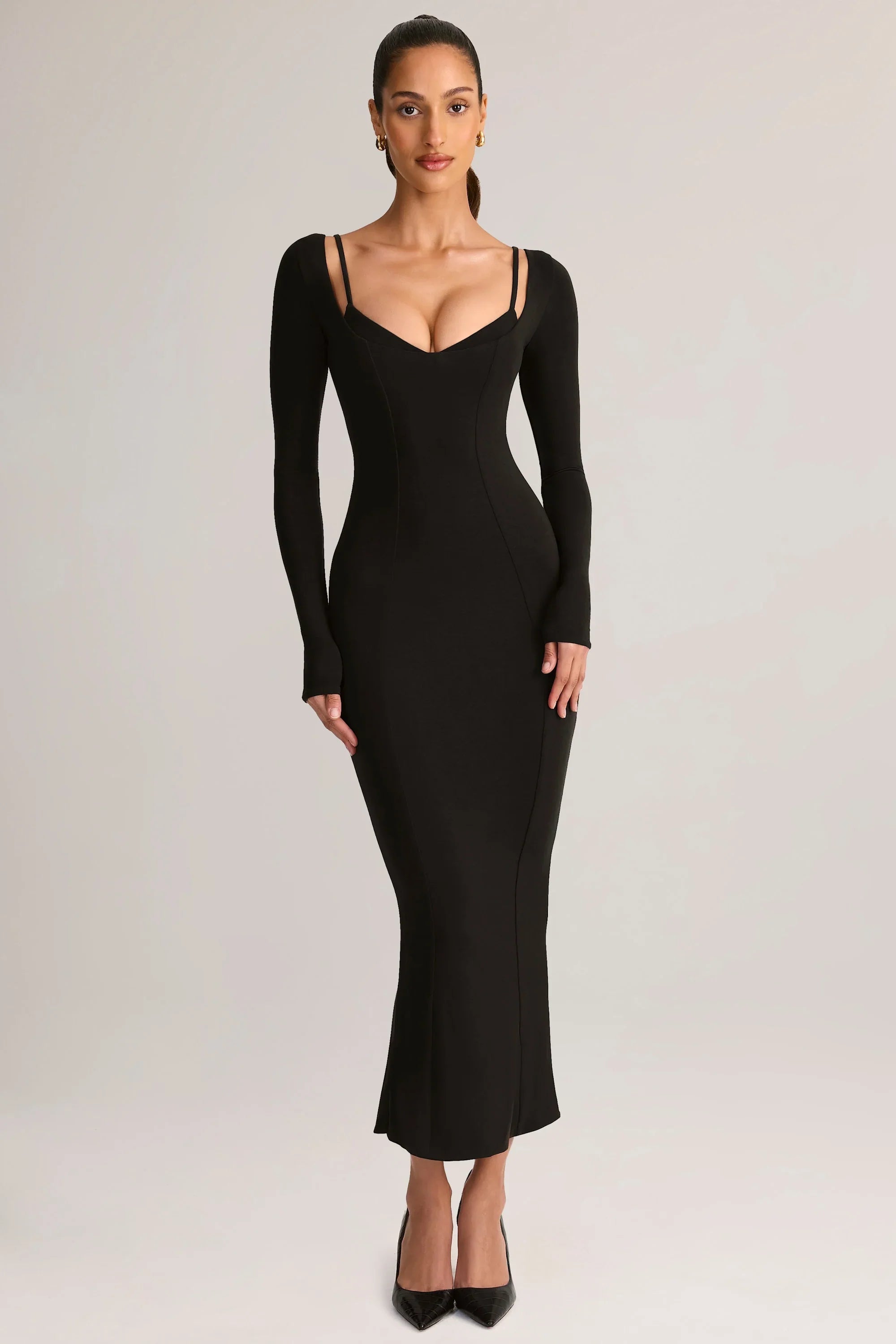 Modal Peekaboo Long Sleeve Midi Dress in Black