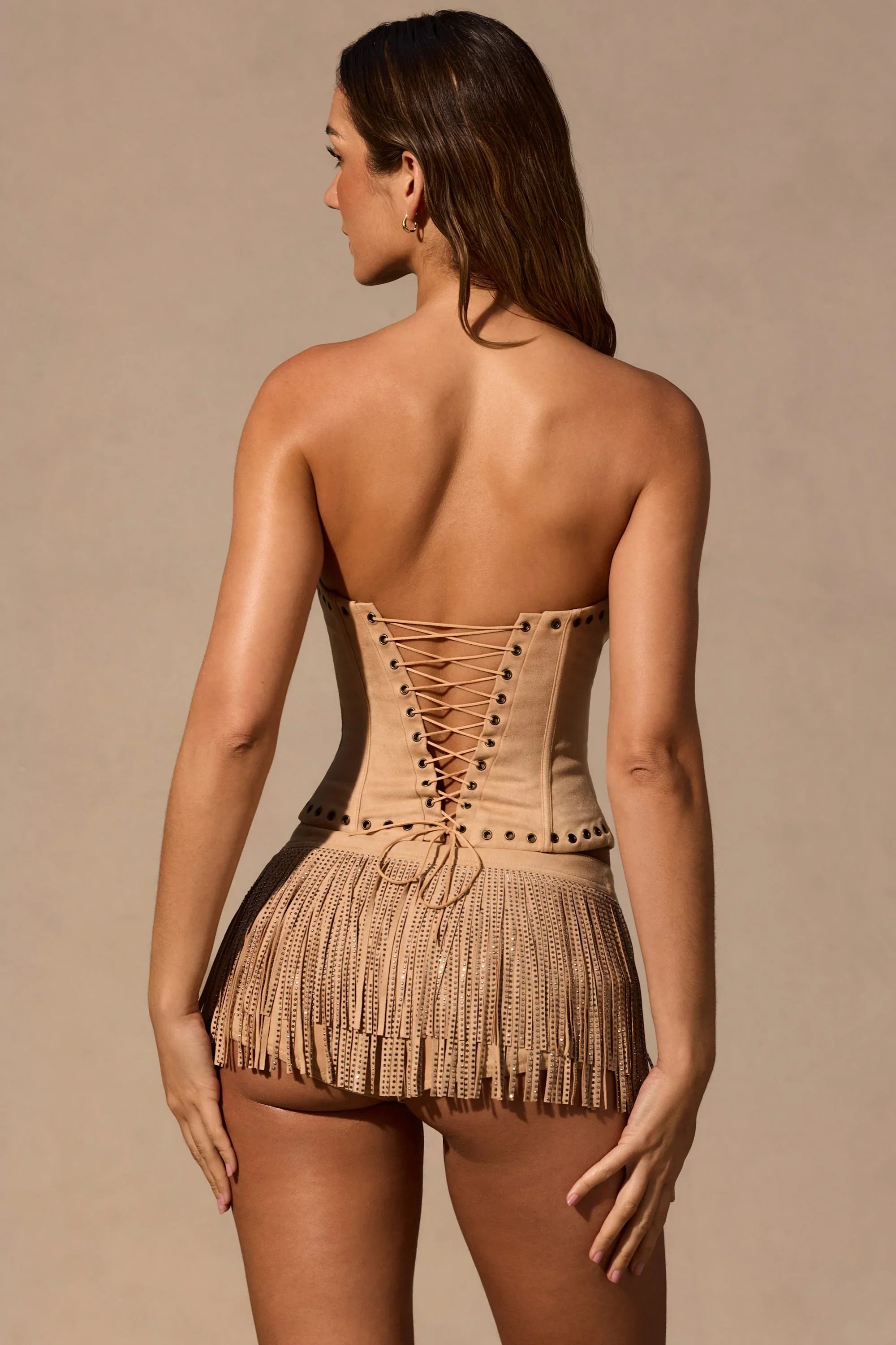 Fringed Low Rise Mini Shorts in Tan