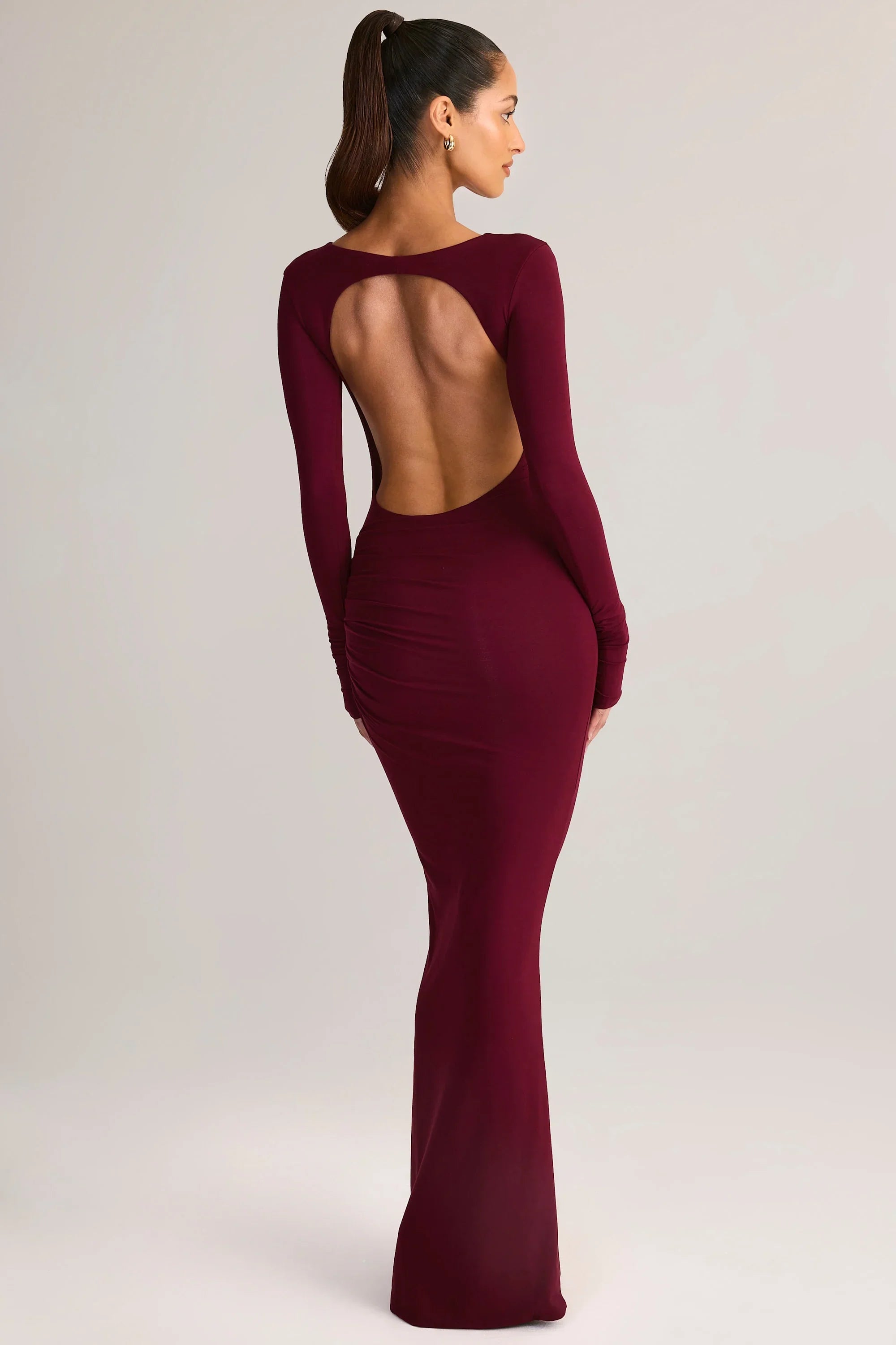 Modal Ruched Backless Maxi Dress in Wine