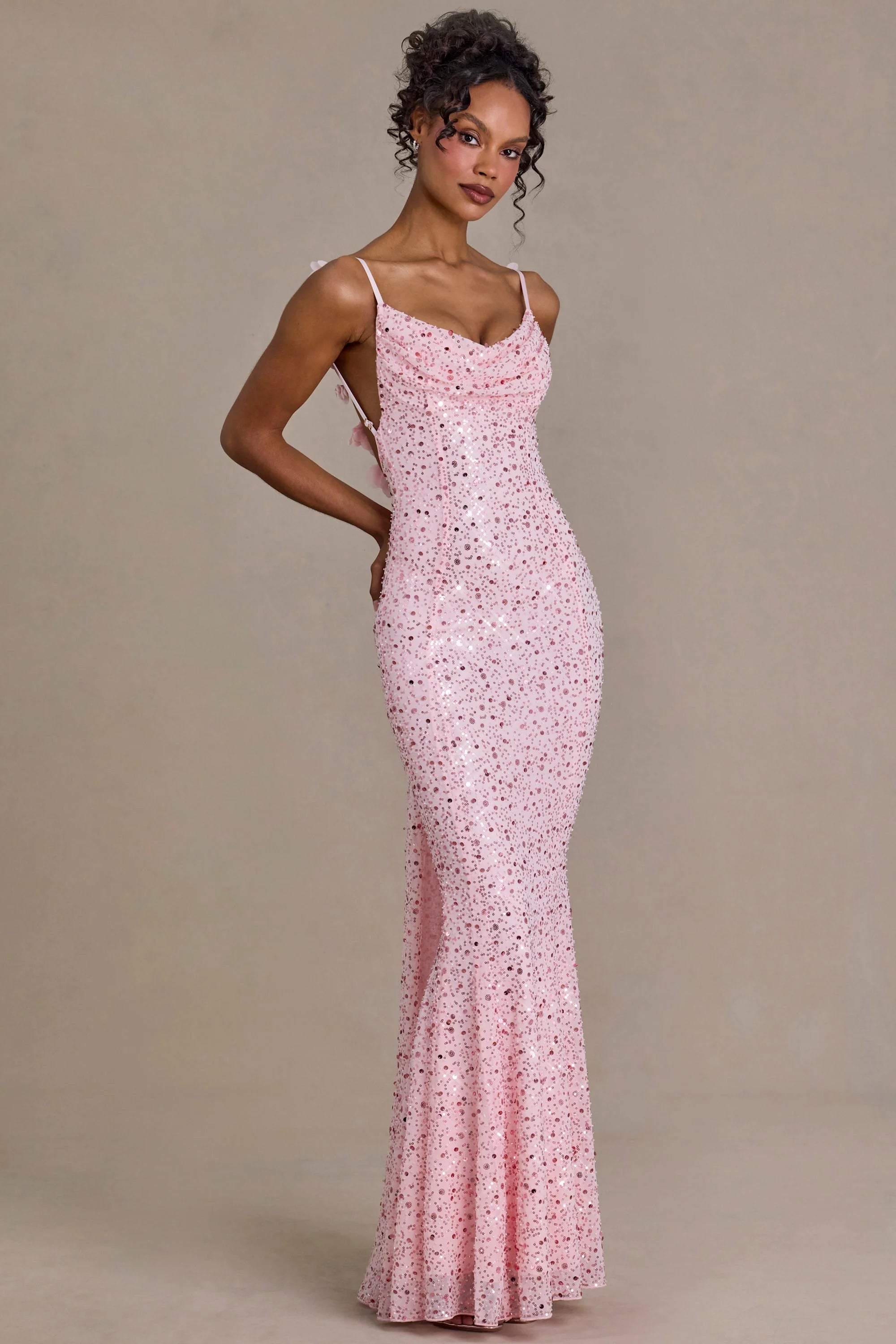 Embellished Open Back Maxi Dress in Baby Pink