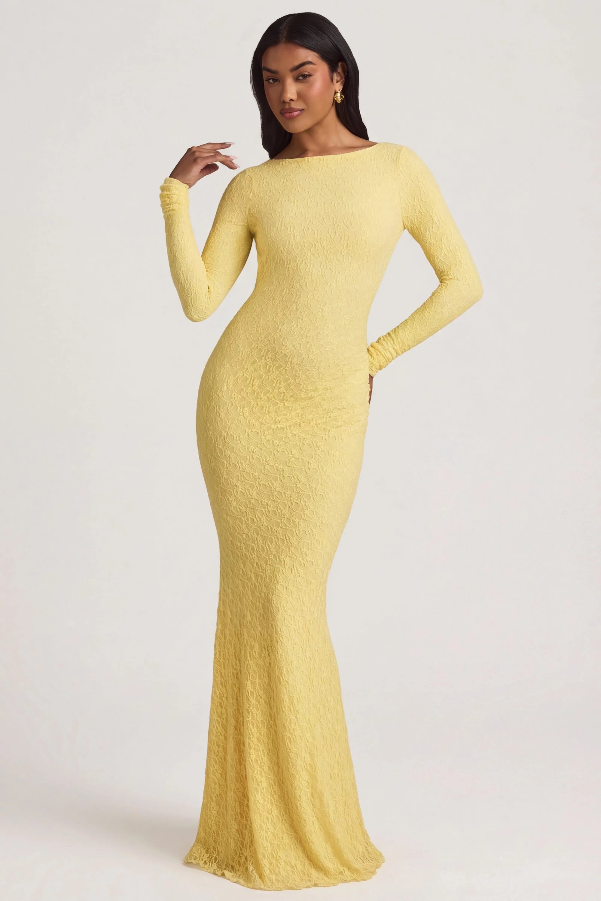 Ruched Backless Lace Maxi Dress in Pastel Yellow
