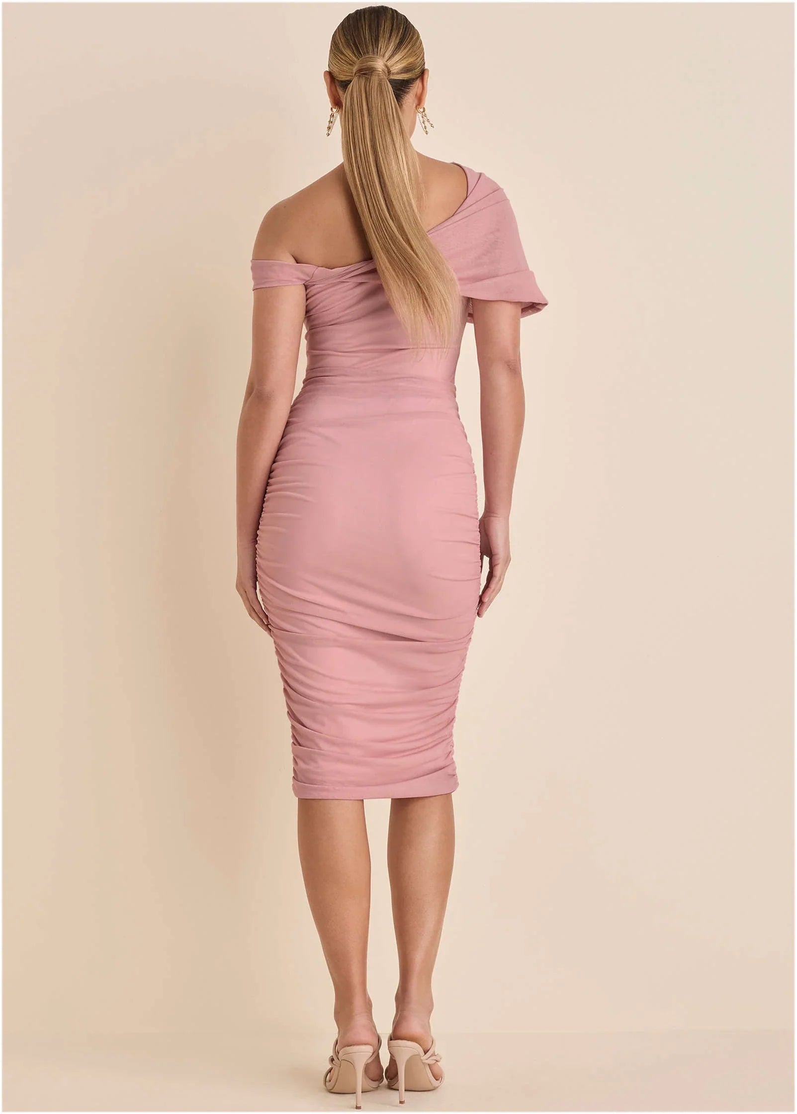 One Shoulder Mesh Midi Cameo Pink