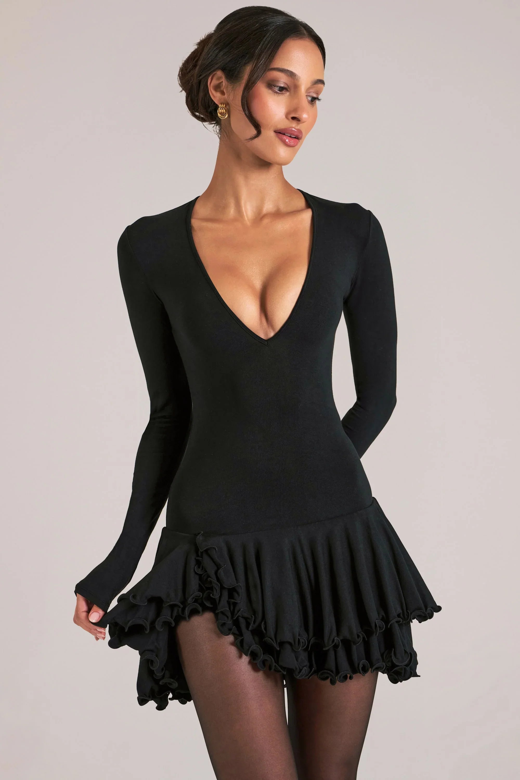 V Neck Ruffle Skirt Mini Dress in Black