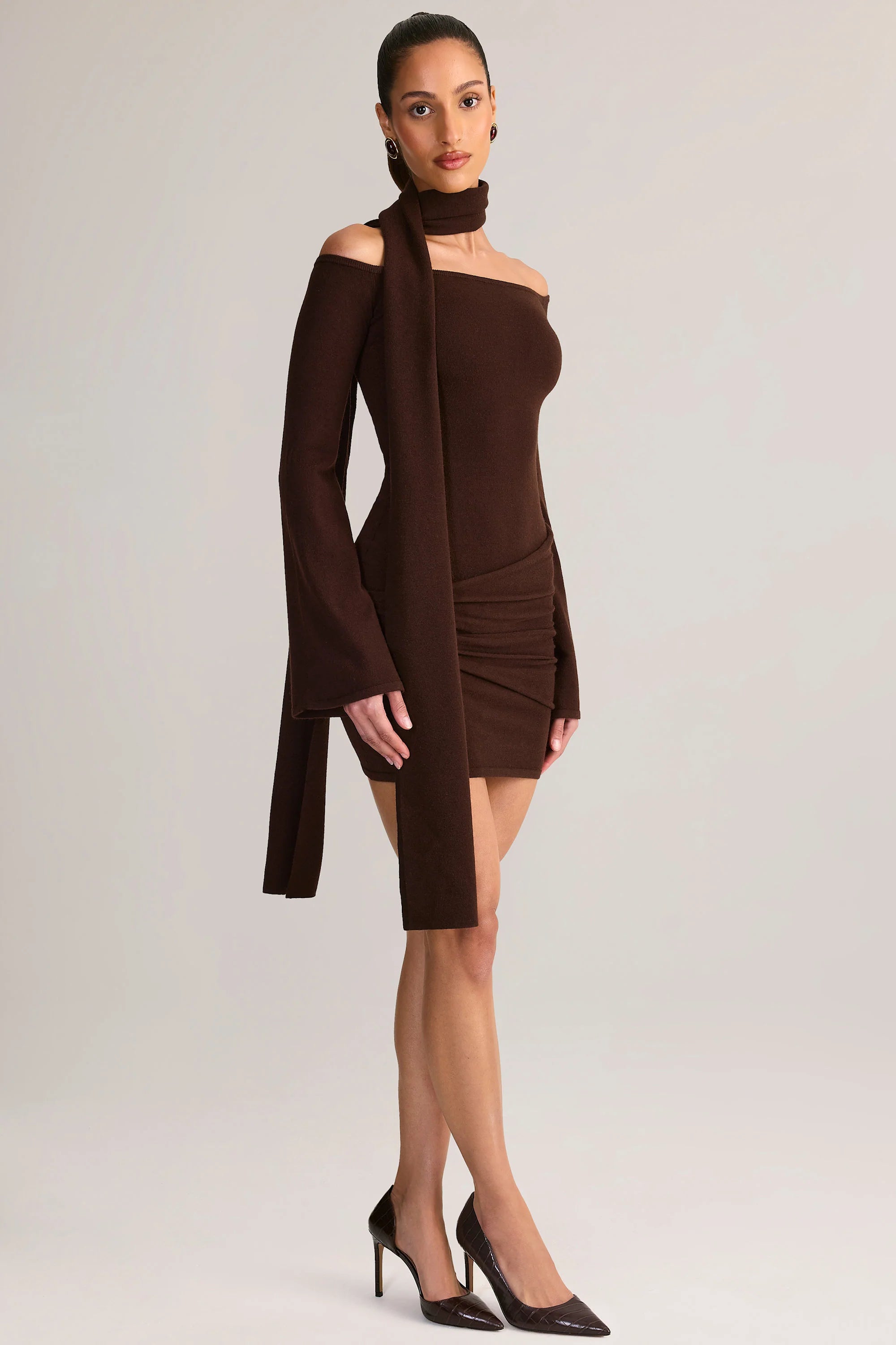 Knit Scarf Detail Off Shoulder Mini Dress in Chocolate Brown