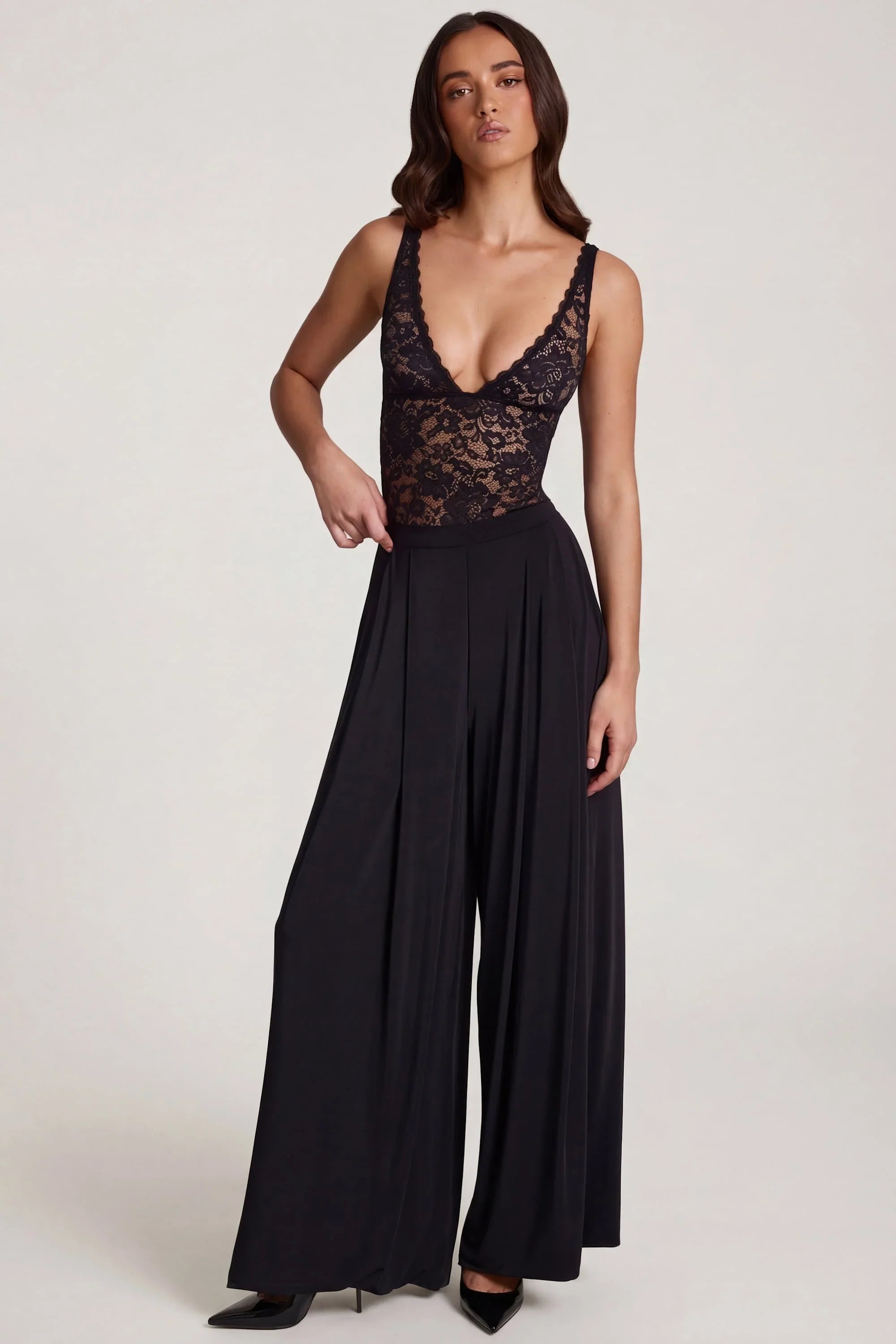 Soft Jersey Mid Rise Wide Leg Trousers in Black