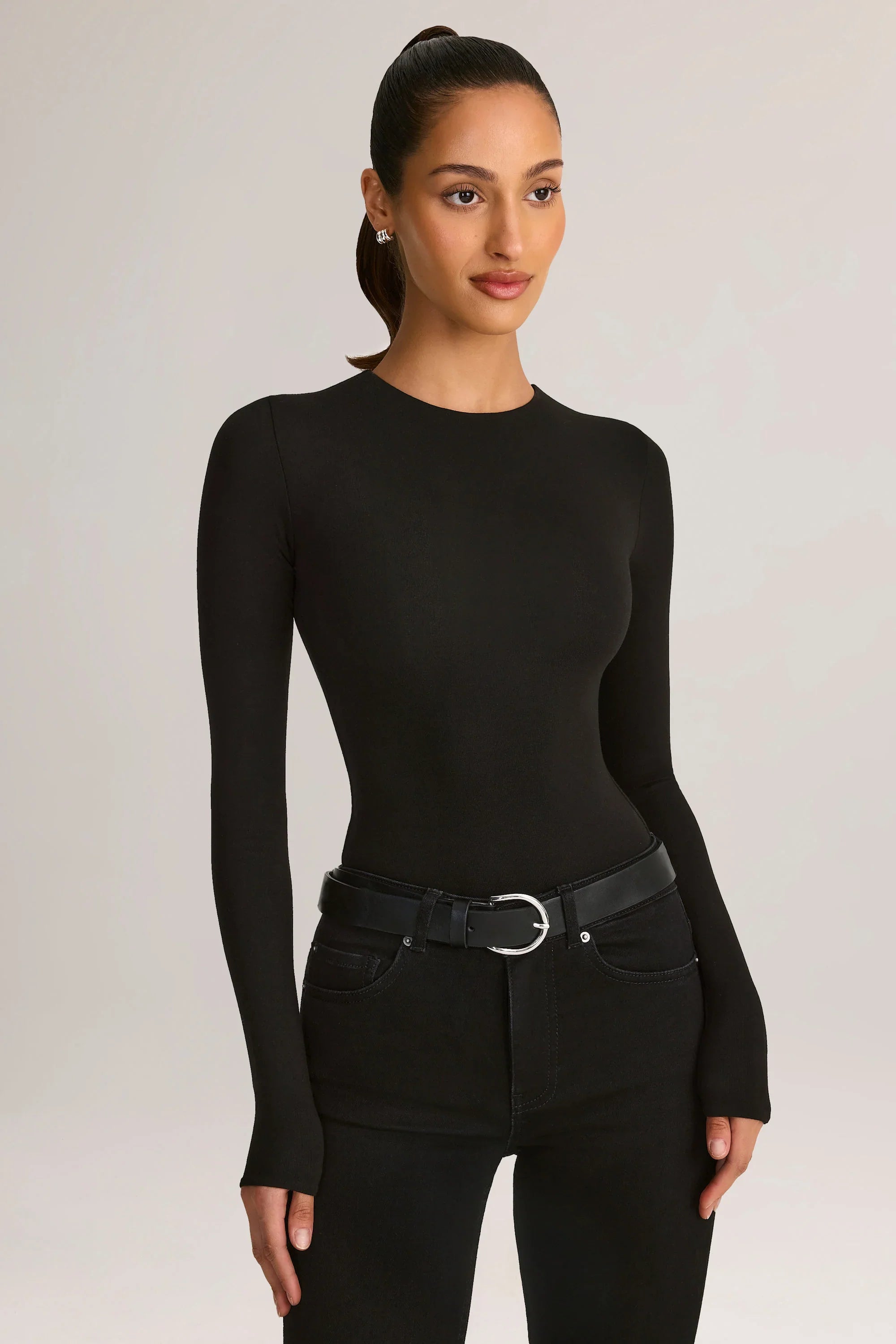 Modal Round Neck Long Sleeve Bodysuit in Black