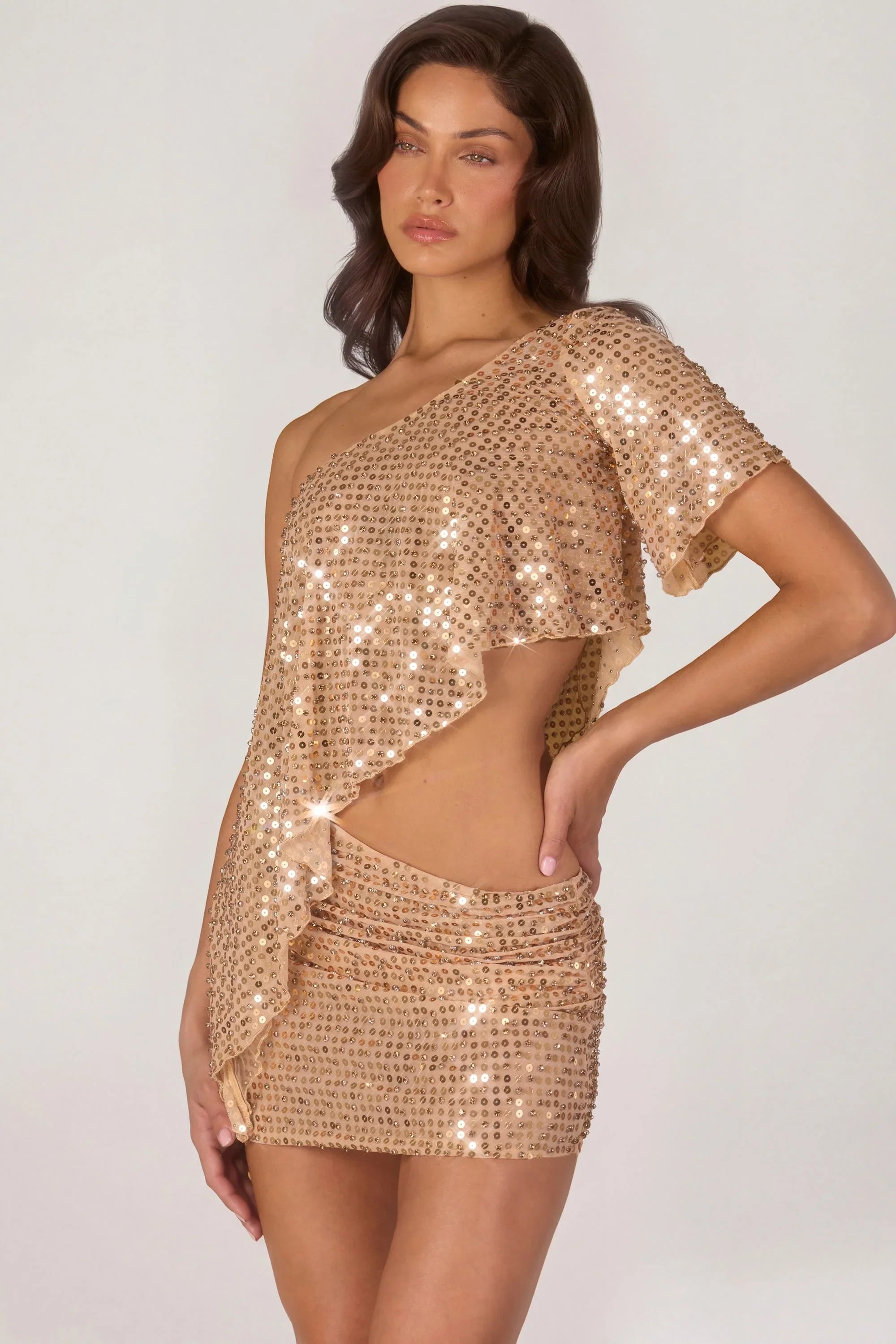Embellished One Shoulder Asymmetric Top in Gold