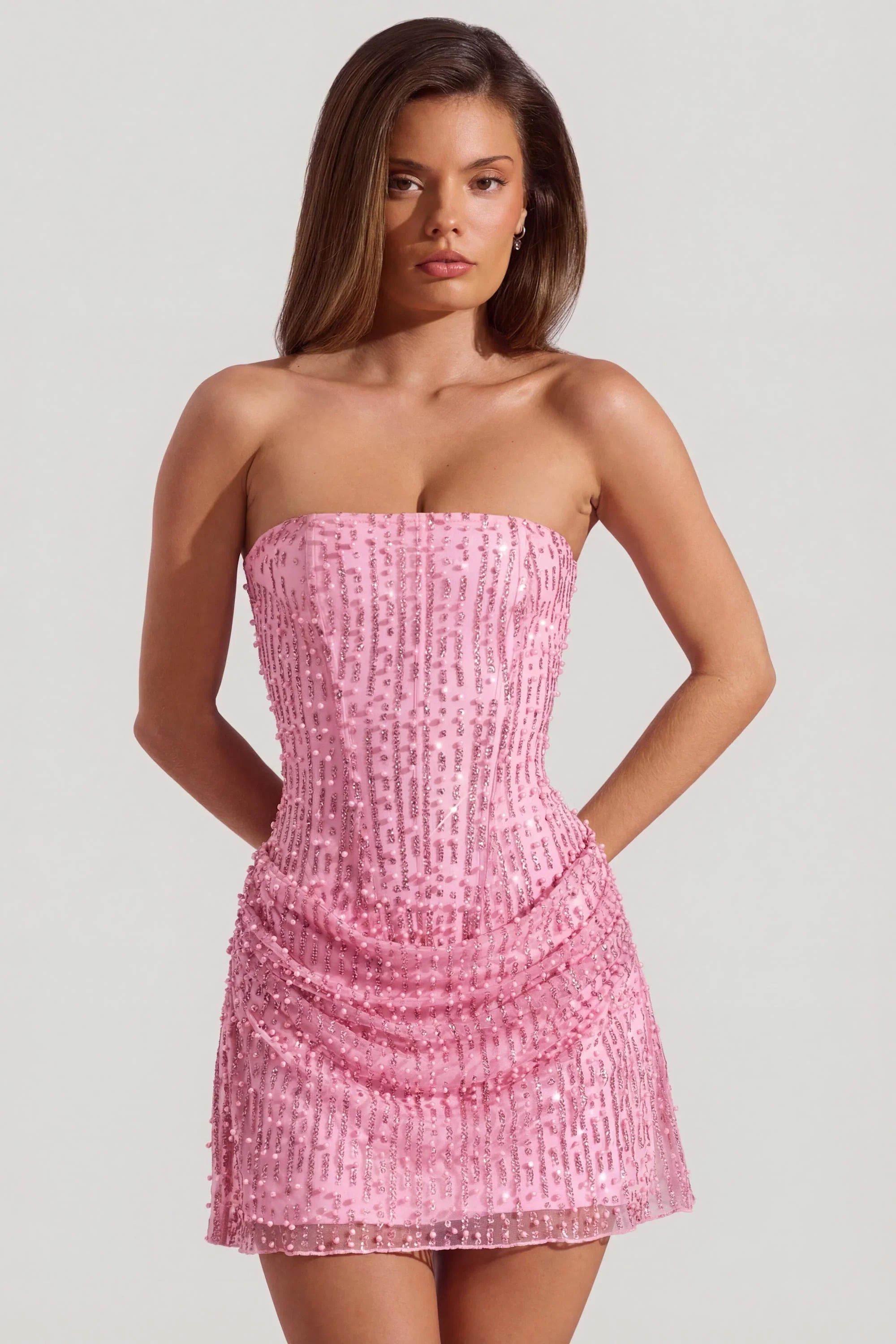 Embellished Draped Strapless A Line Mini Dress in Pink